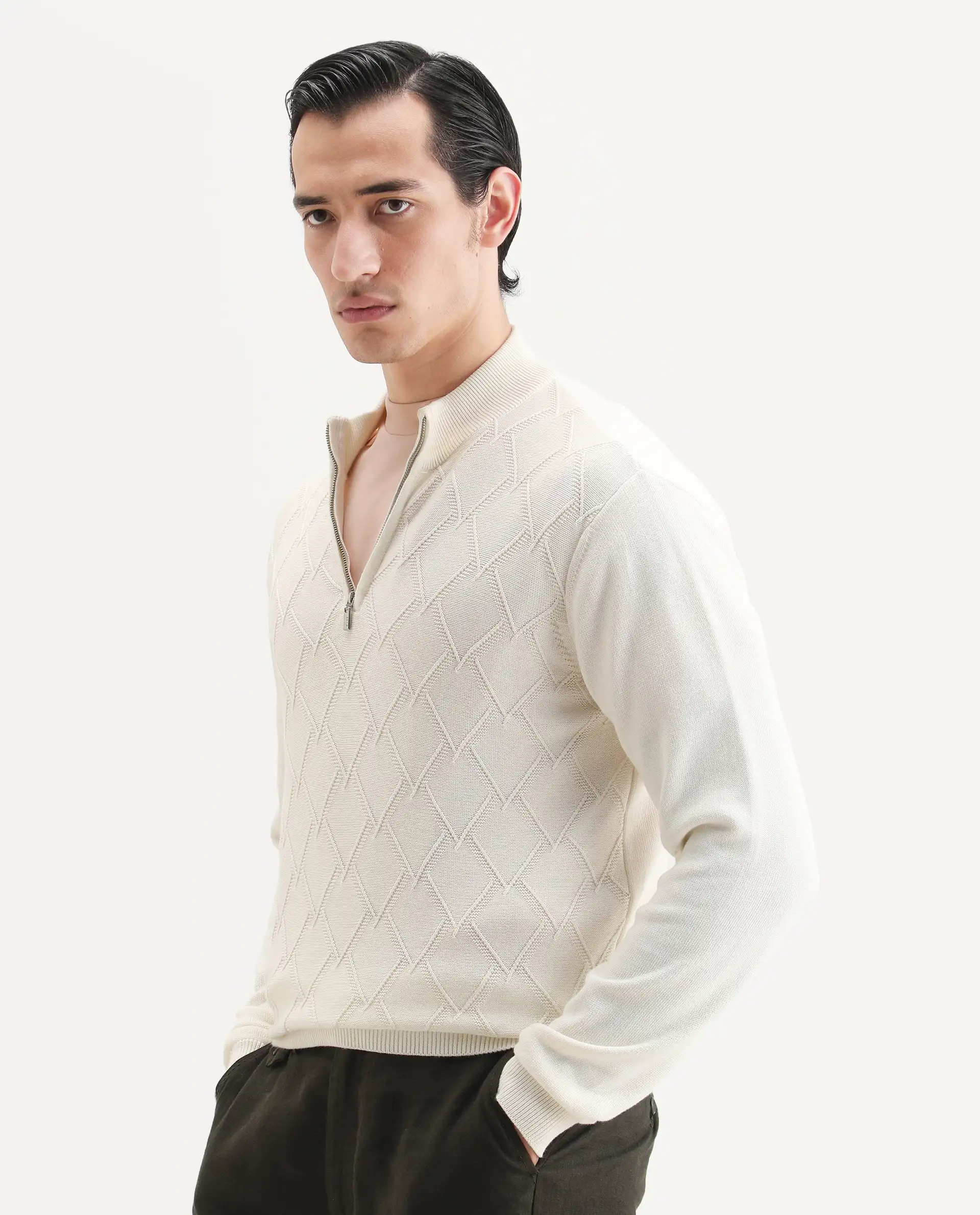 Rare Rabbit Men's Toyder Off White Cotton Textured Regular Fit Full Sleeve High Neck Sweater - Image 4