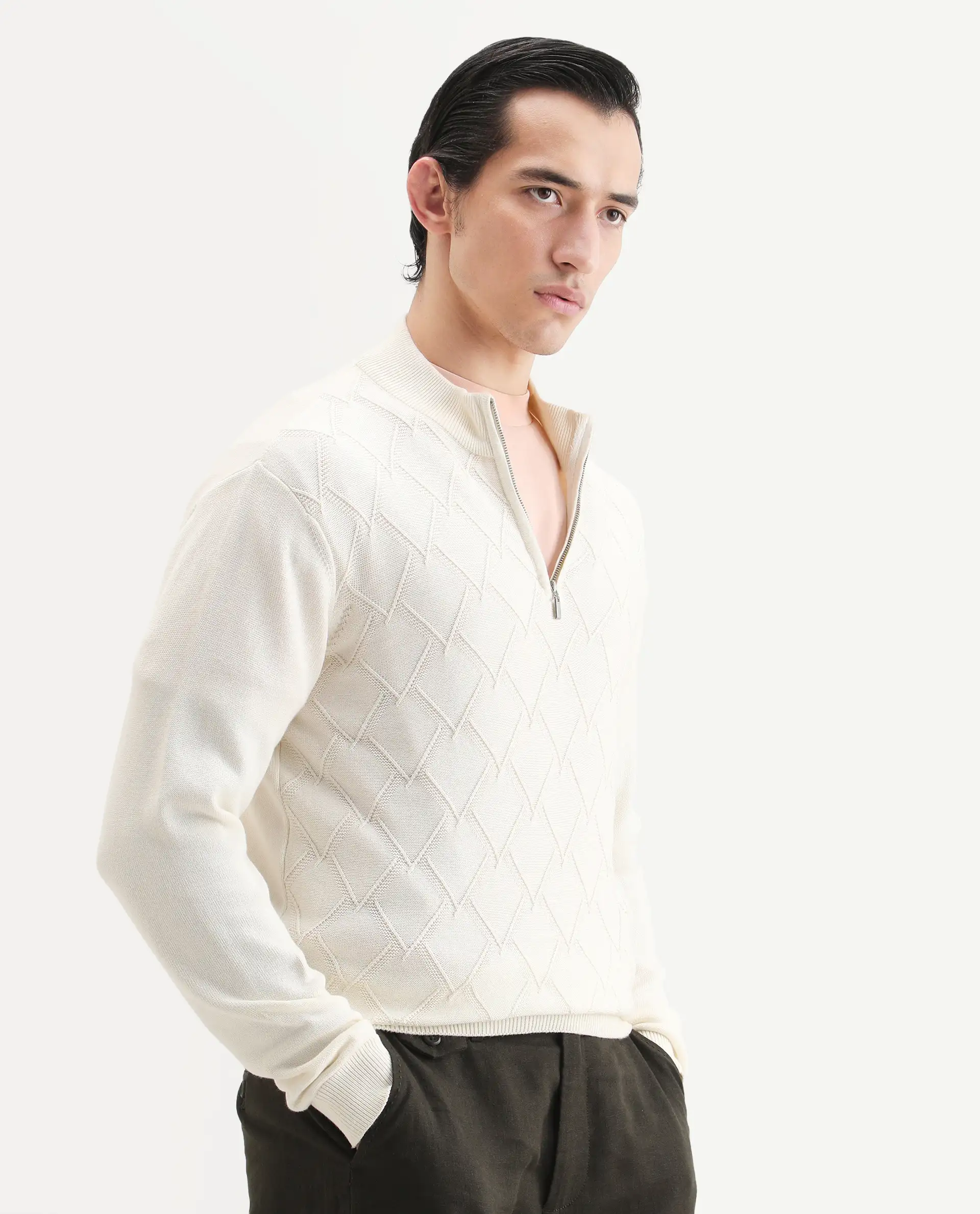 Rare Rabbit Men's Toyder Off White Cotton Textured Regular Fit Full Sleeve High Neck Sweater - Image 5