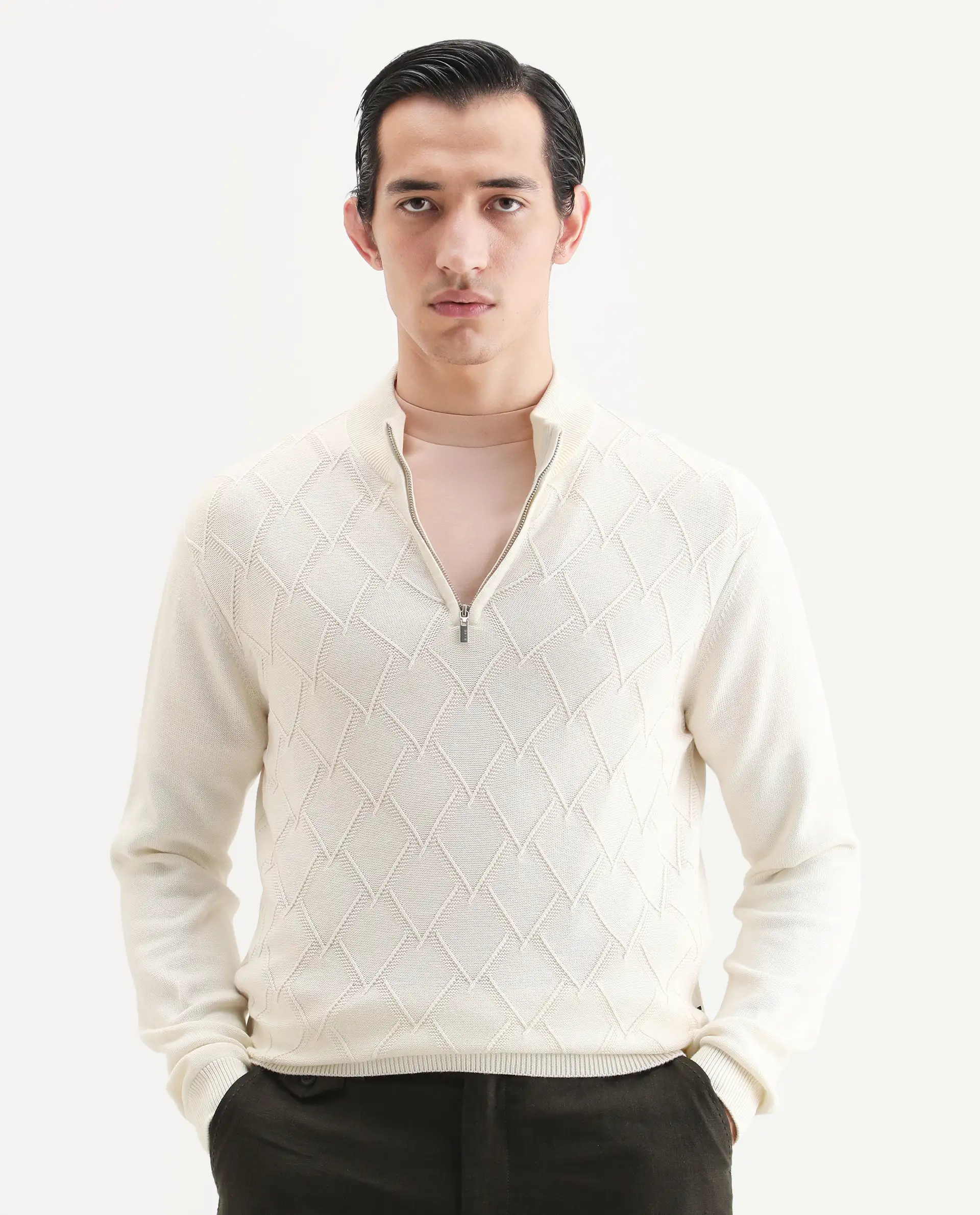 Rare Rabbit Men's Toyder Off White Cotton Textured Regular Fit Full Sleeve High Neck Sweater - Image 6