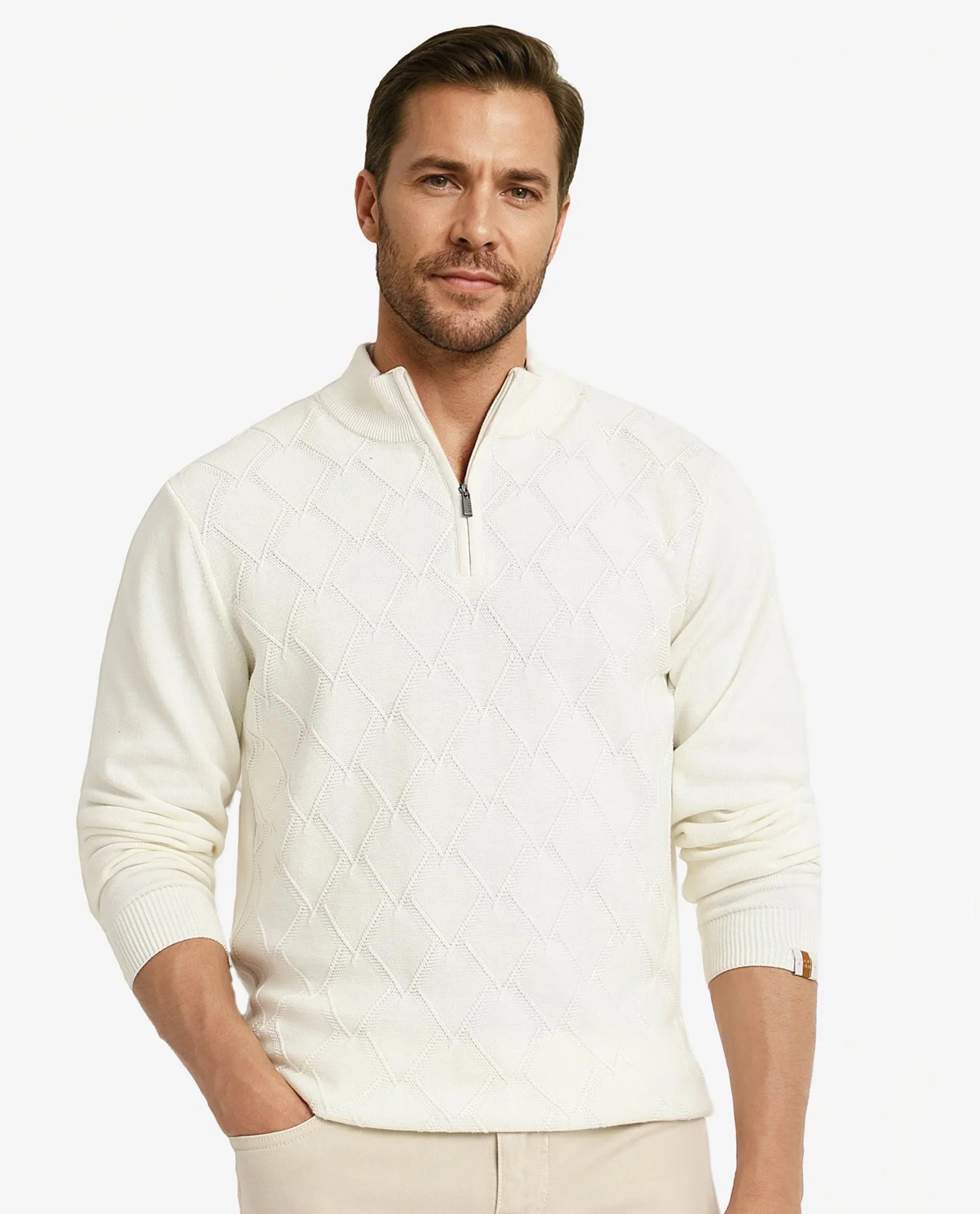 Rare Rabbit Men's Toyder Off White Cotton Textured Regular Fit Full Sleeve High Neck Sweater - Image 2