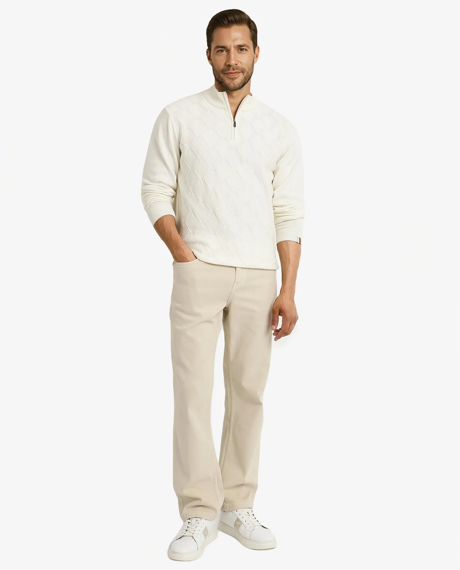 Rare Rabbit Men's Toyder Off White Cotton Textured Regular Fit Full Sleeve High Neck Sweater - Image 3