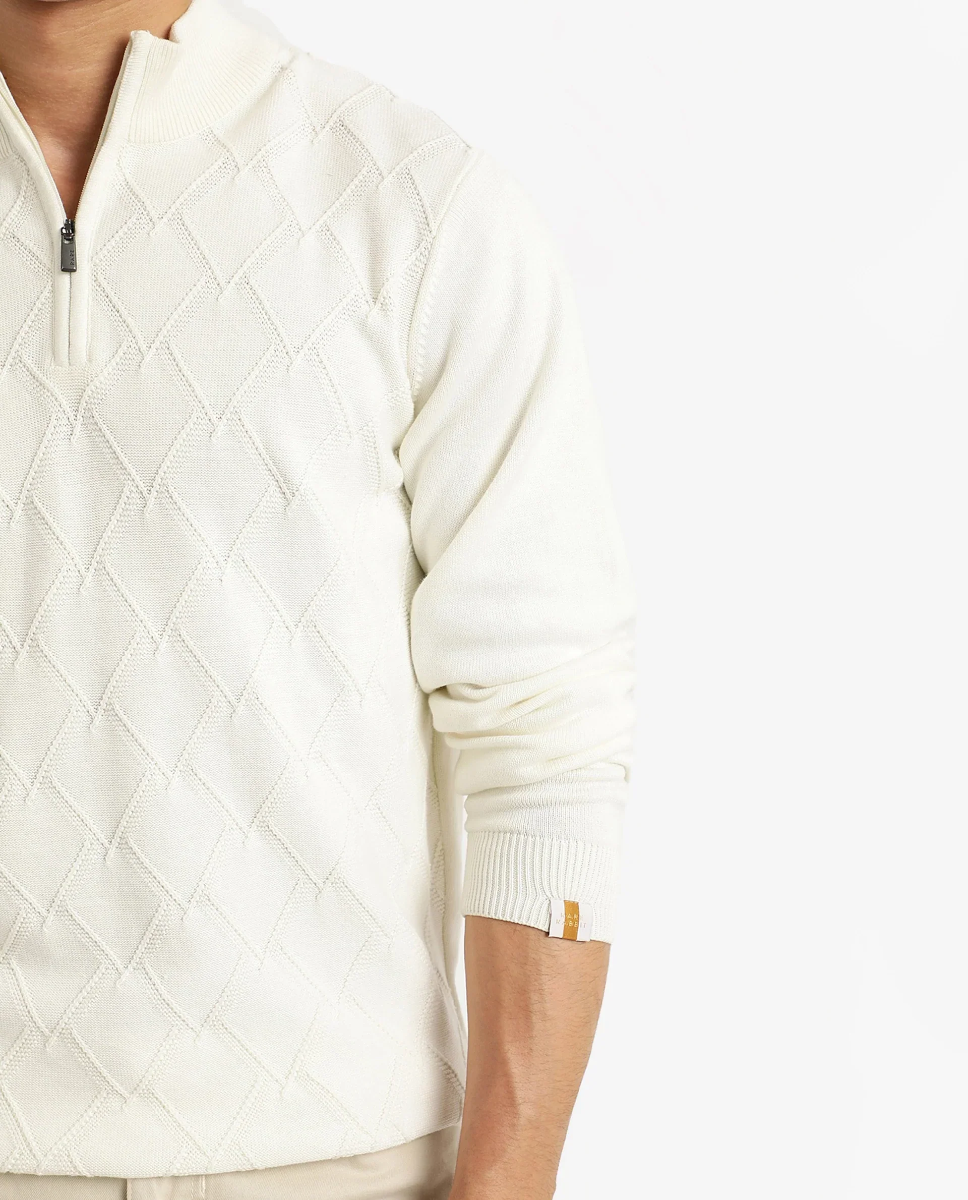 Rare Rabbit Men's Toyder Off White Cotton Textured Regular Fit Full Sleeve High Neck Sweater - Image 6