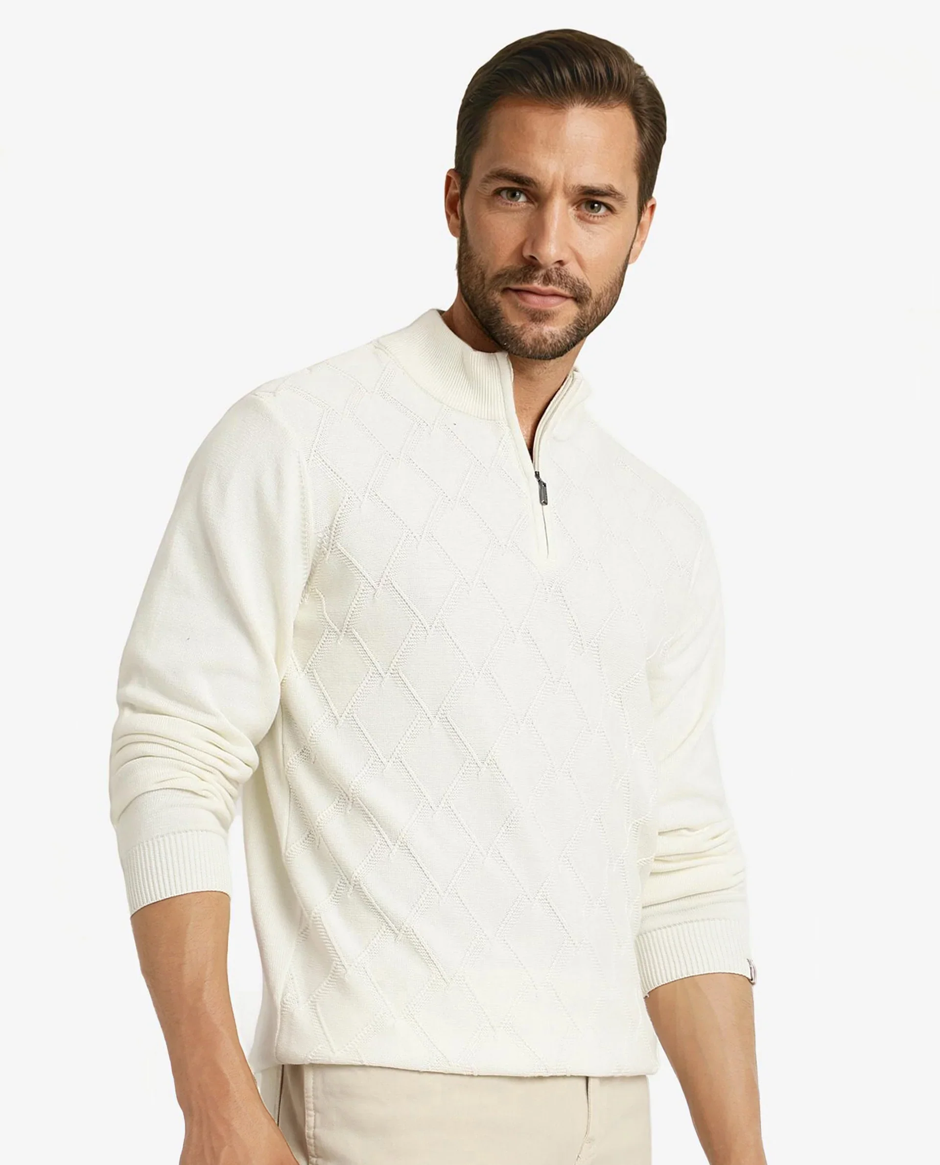 Rare Rabbit Men's Toyder Off White Cotton Textured Regular Fit Full Sleeve High Neck Sweater - Image 7