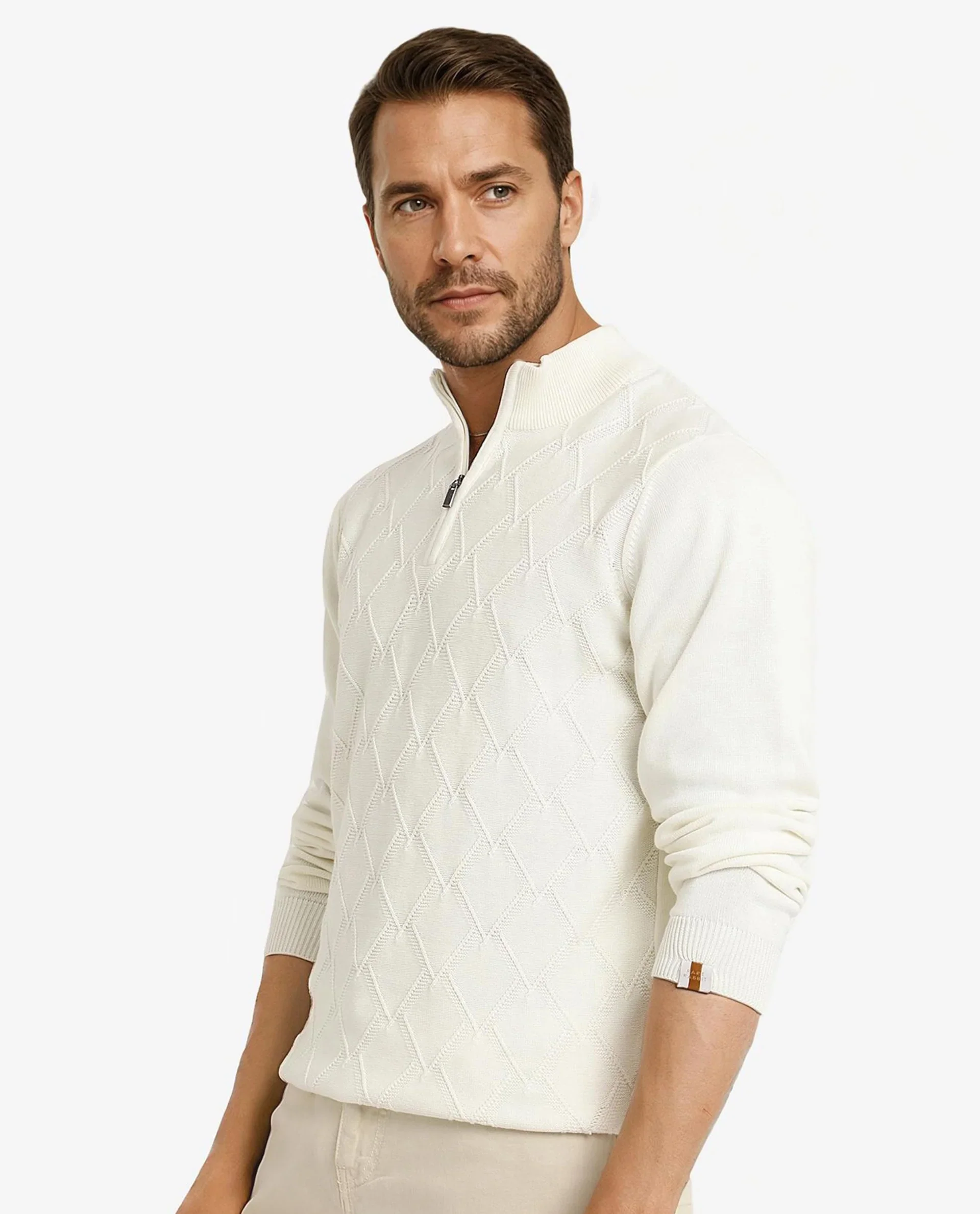 Rare Rabbit Men's Toyder Off White Cotton Textured Regular Fit Full Sleeve High Neck Sweater - Image 8