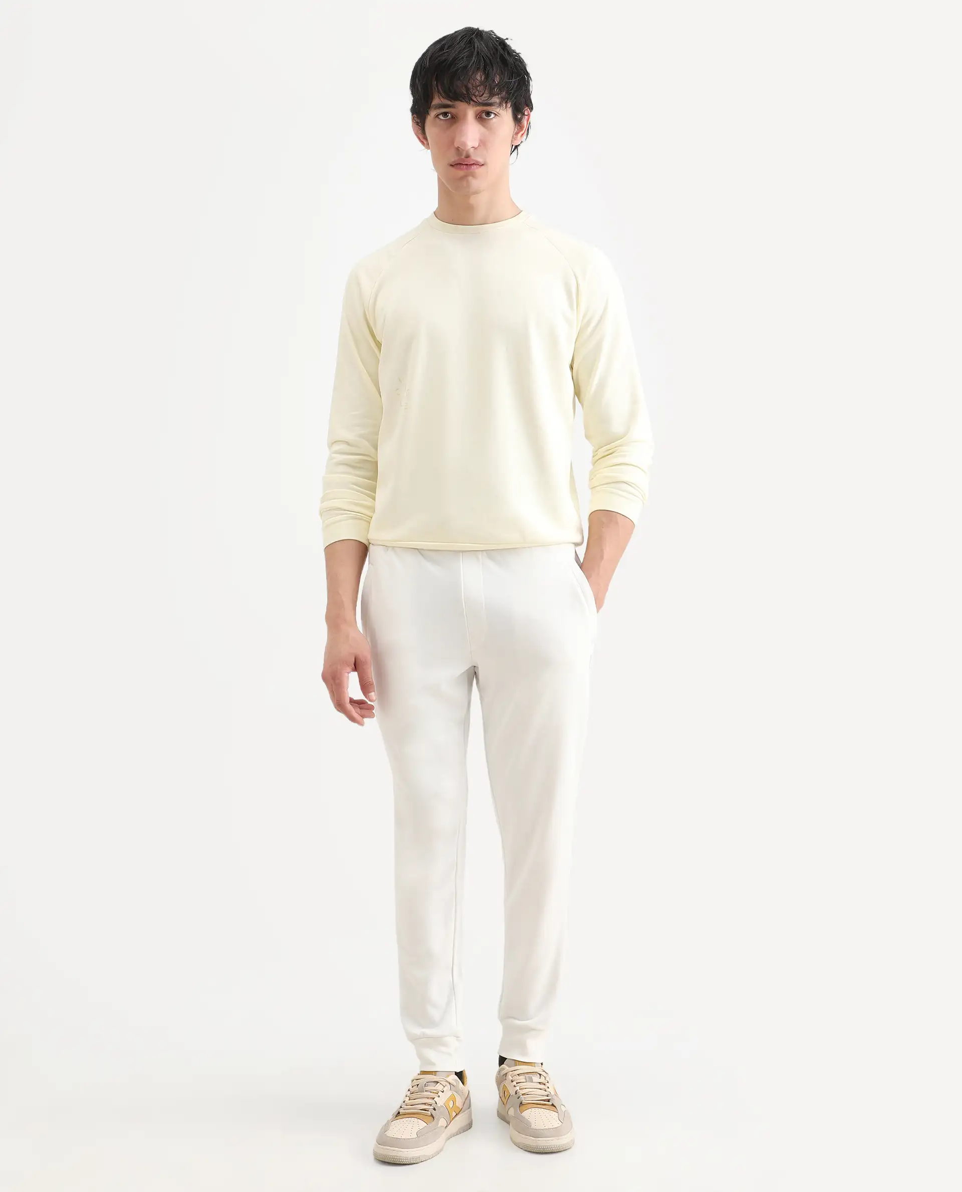 Rare Rabbit Men's Toyo Off White Cotton Plain Regular Fit Joggers - Image 2