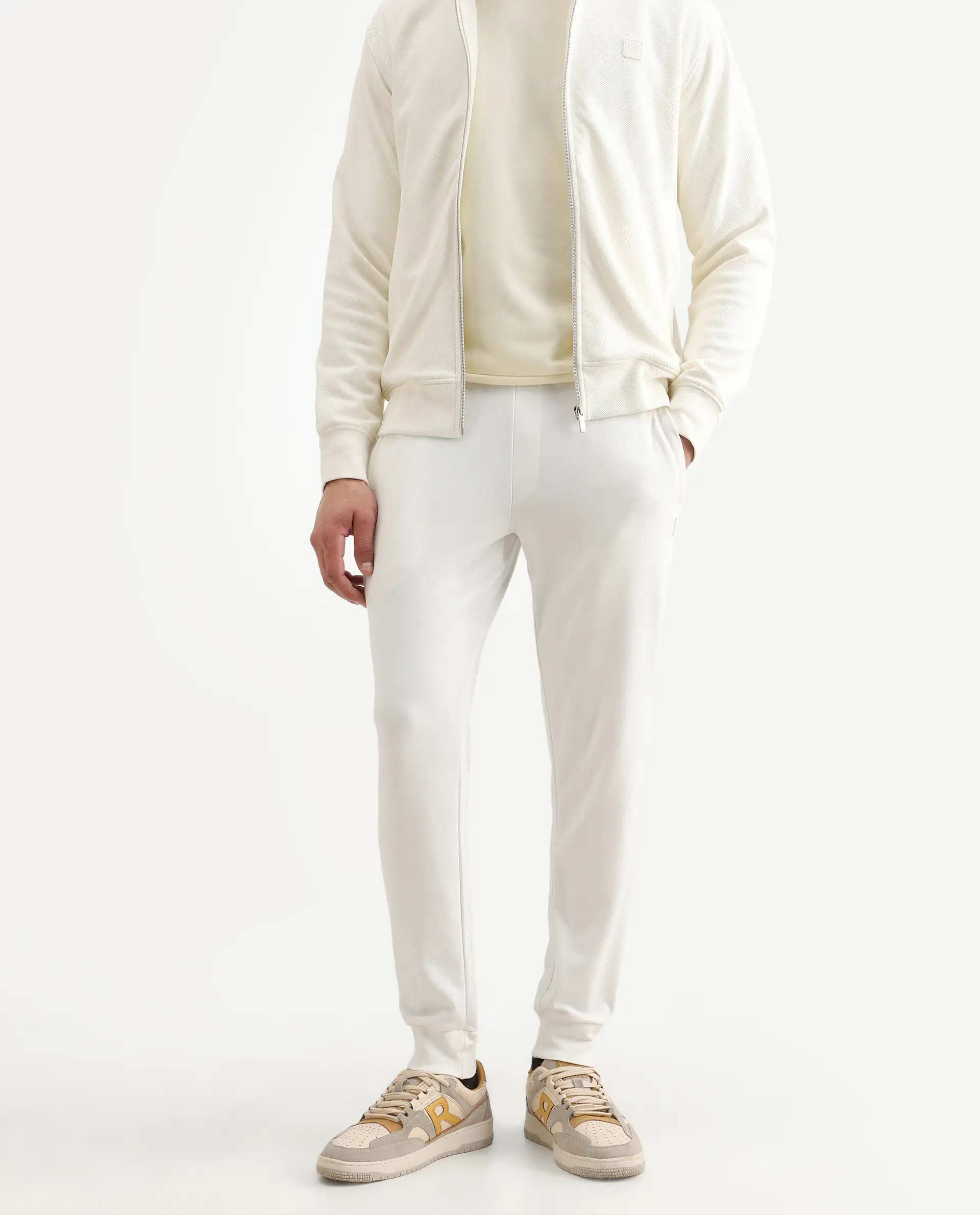 Rare Rabbit Men's Toyo Off White Cotton Plain Regular Fit Joggers - Image 3