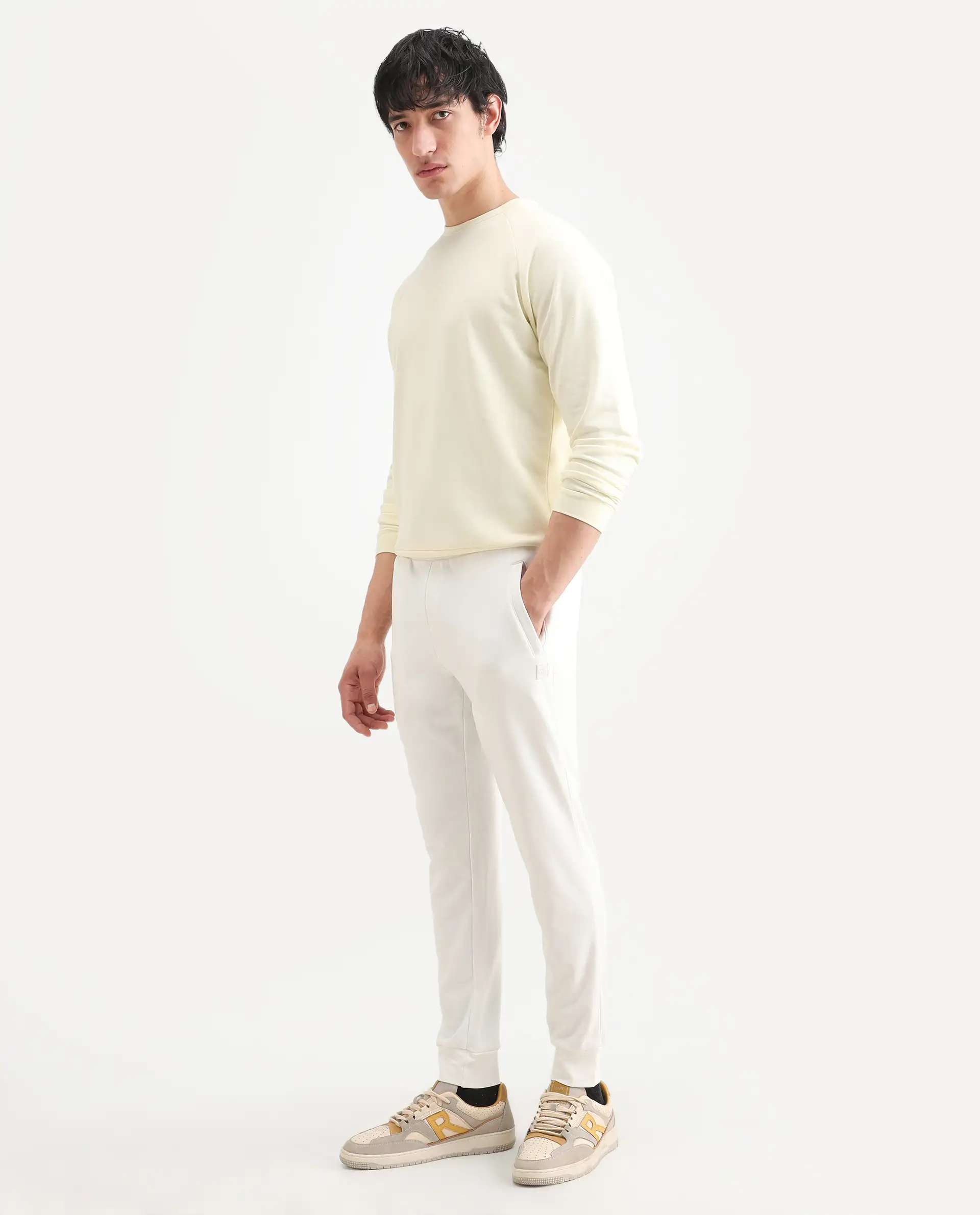 Rare Rabbit Men's Toyo Off White Cotton Plain Regular Fit Joggers - Image 5