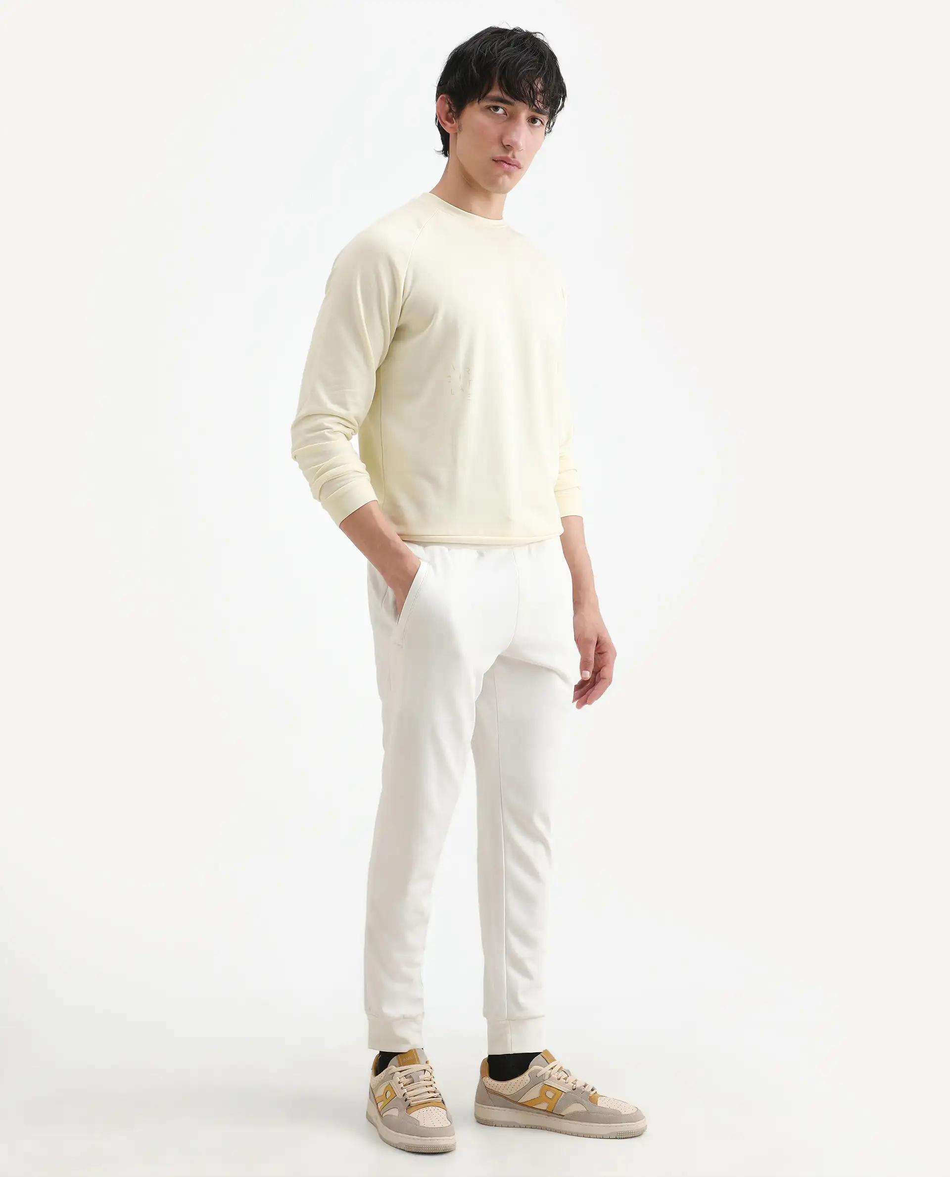 Rare Rabbit Men's Toyo Off White Cotton Plain Regular Fit Joggers - Image 6