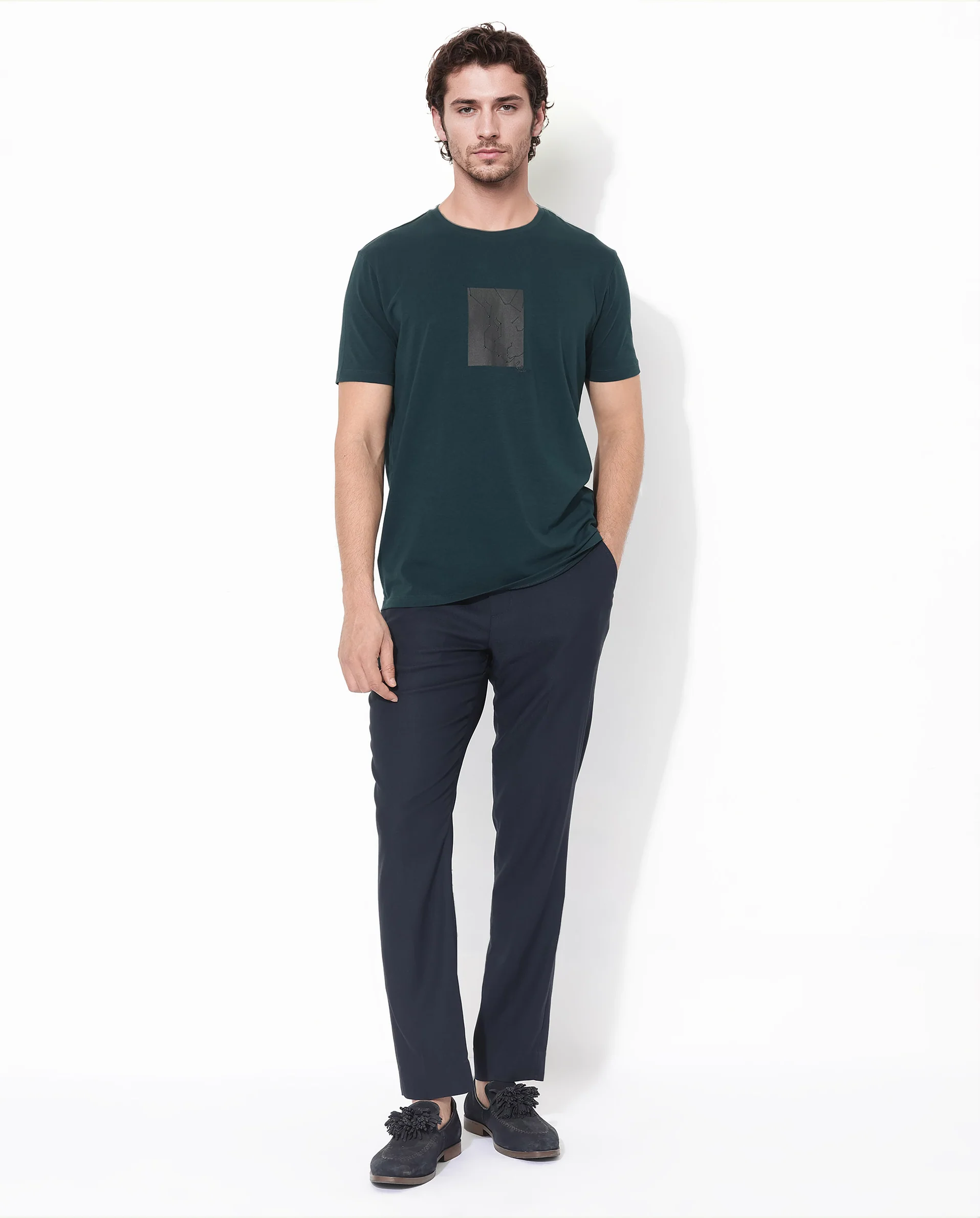 Rare Rabbit Men's Trace-1 Dark Green Cotton Blend Graphic Print Regular Fit Half Sleeve Crew Neck T-Shirt - Image 2
