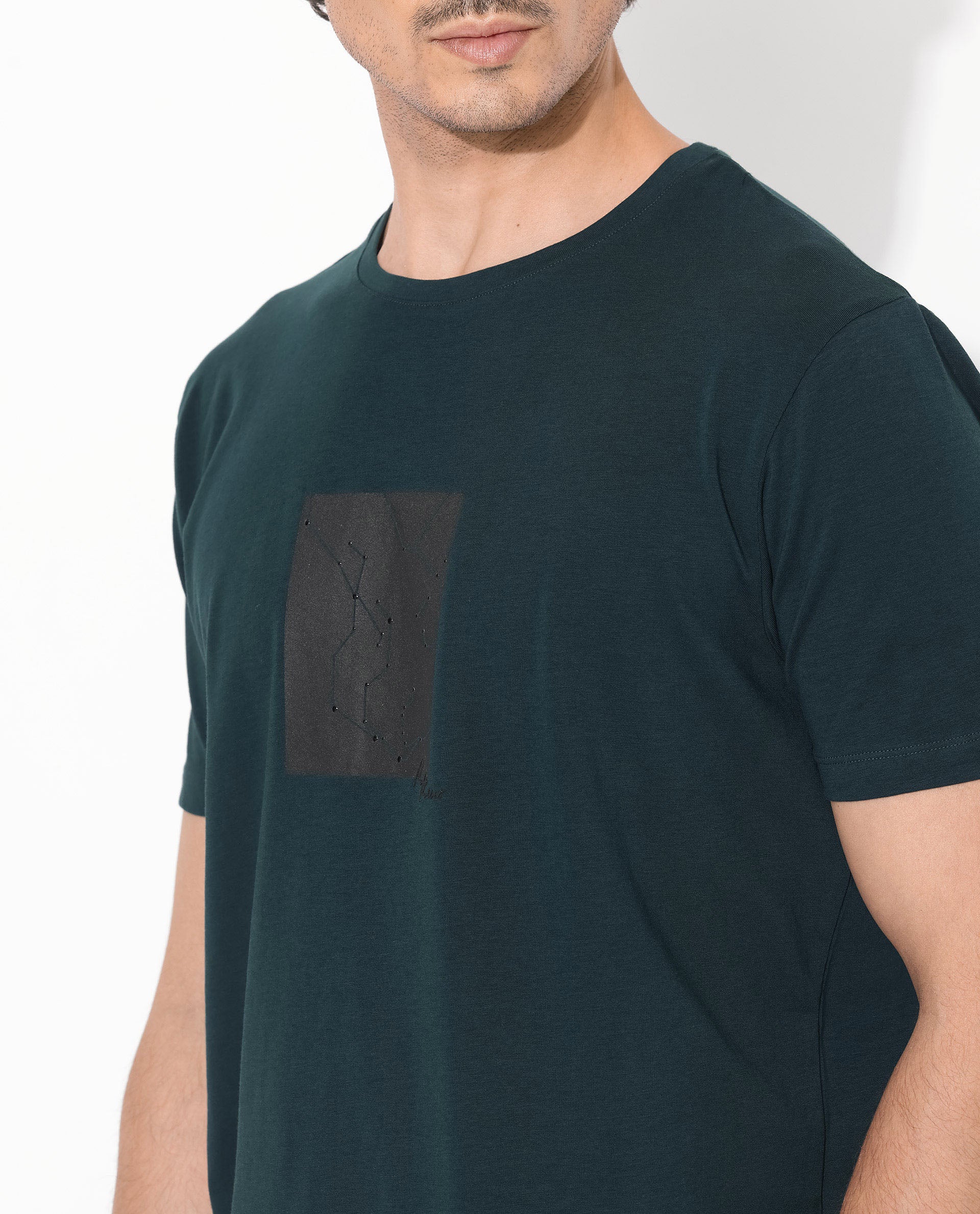 Rare Rabbit Men's Trace-1 Dark Green Cotton Blend Graphic Print Regular Fit Half Sleeve Crew Neck T-Shirt - Image 3