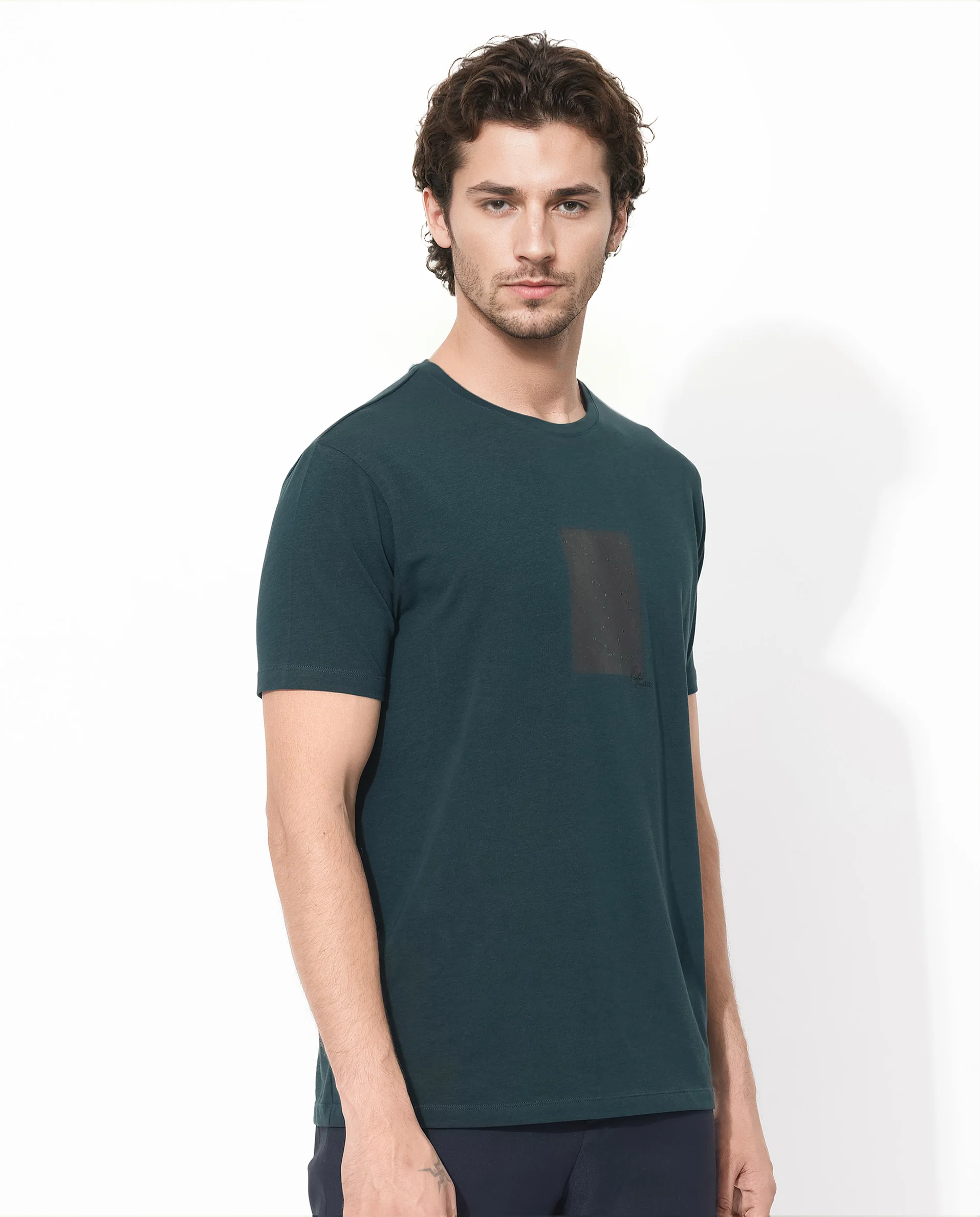 Rare Rabbit Men's Trace-1 Dark Green Cotton Blend Graphic Print Regular Fit Half Sleeve Crew Neck T-Shirt - Image 4