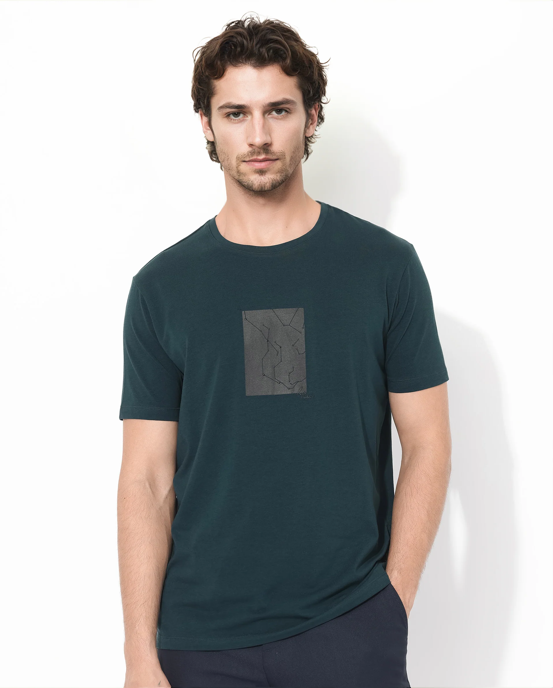 Rare Rabbit Men's Trace-1 Dark Green Cotton Blend Graphic Print Regular Fit Half Sleeve Crew Neck T-Shirt - Image 5