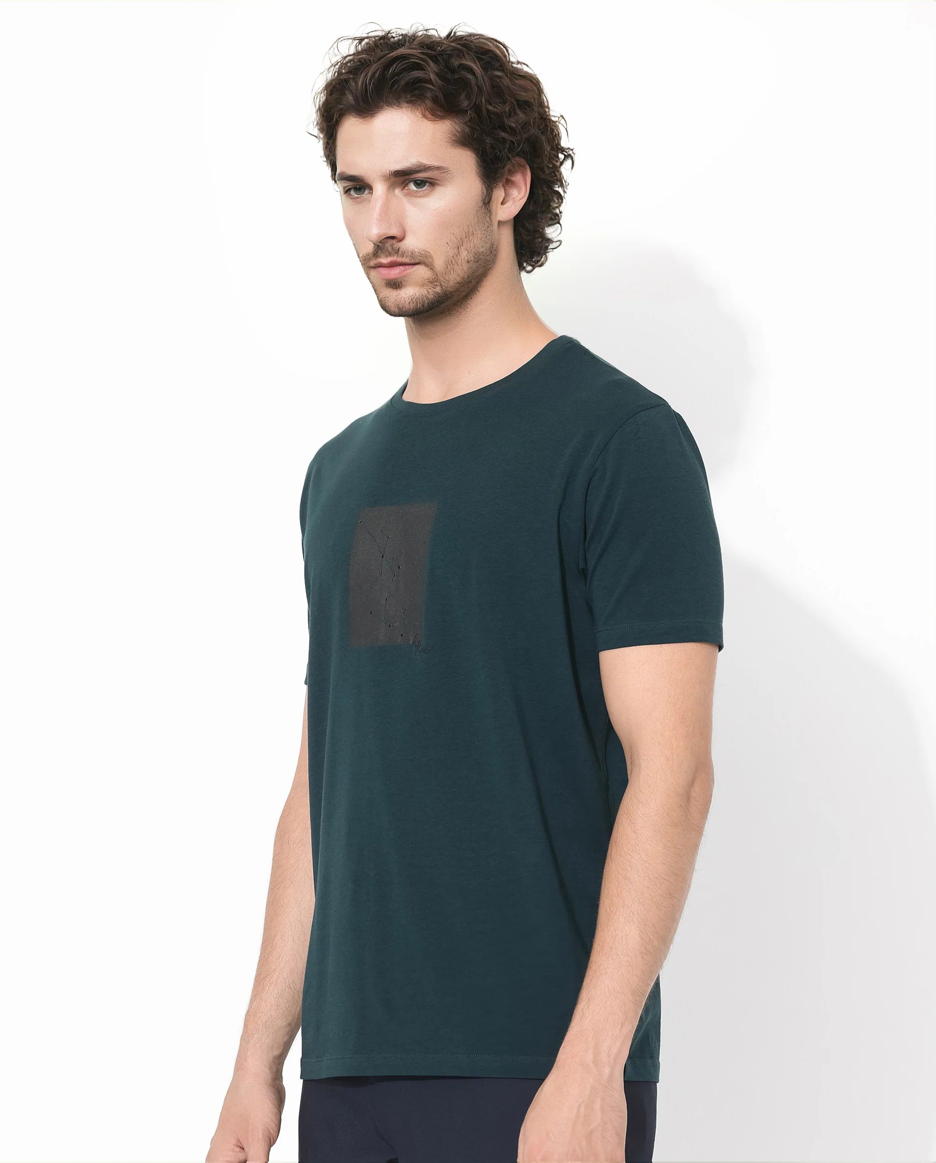 Rare Rabbit Men's Trace-1 Dark Green Cotton Blend Graphic Print Regular Fit Half Sleeve Crew Neck T-Shirt - Image 6
