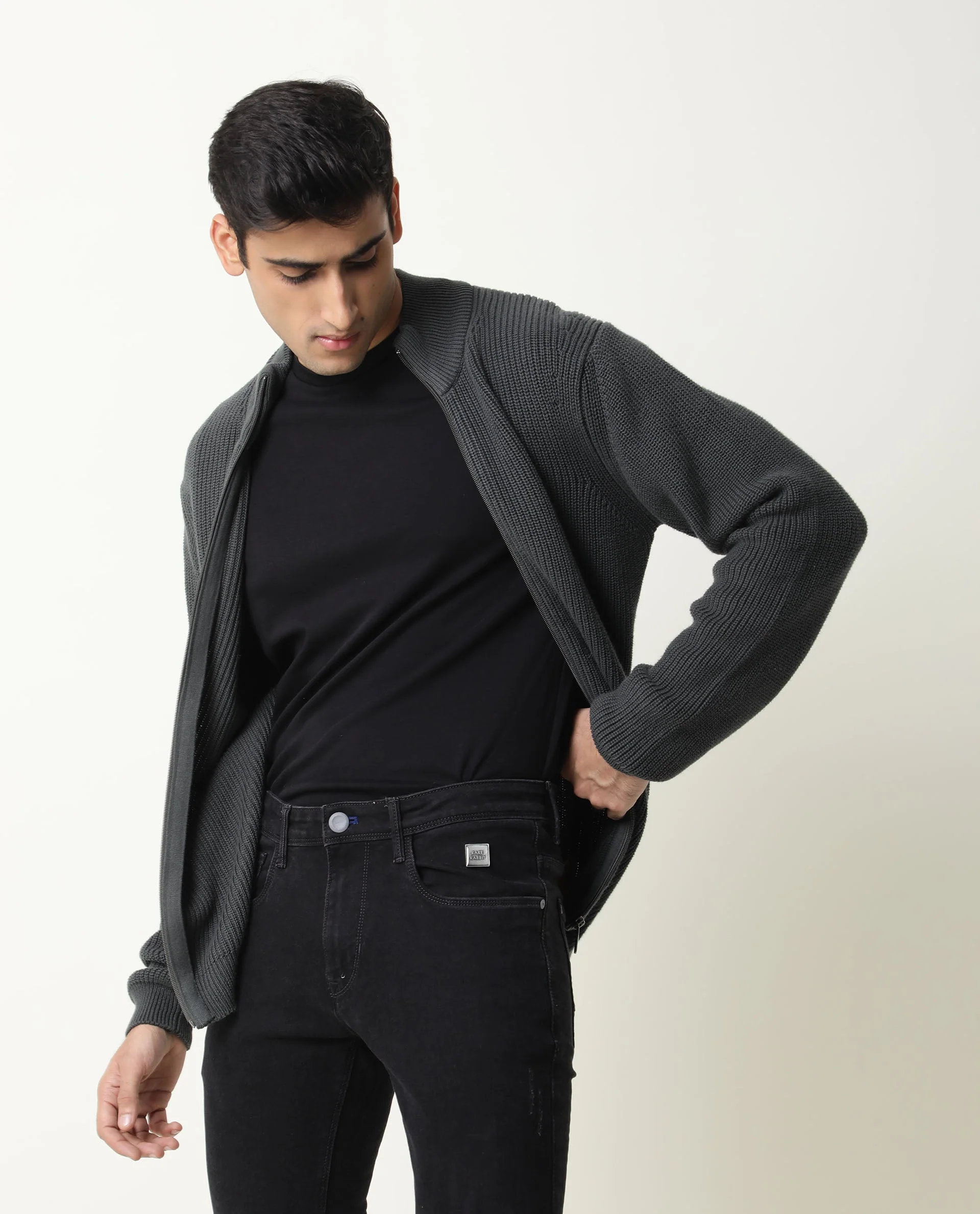 Rare Rabbit Men's Track Green Cotton Textured Relaxed Fit Full Sleeve Mandarin Collar Sweater - Image 2