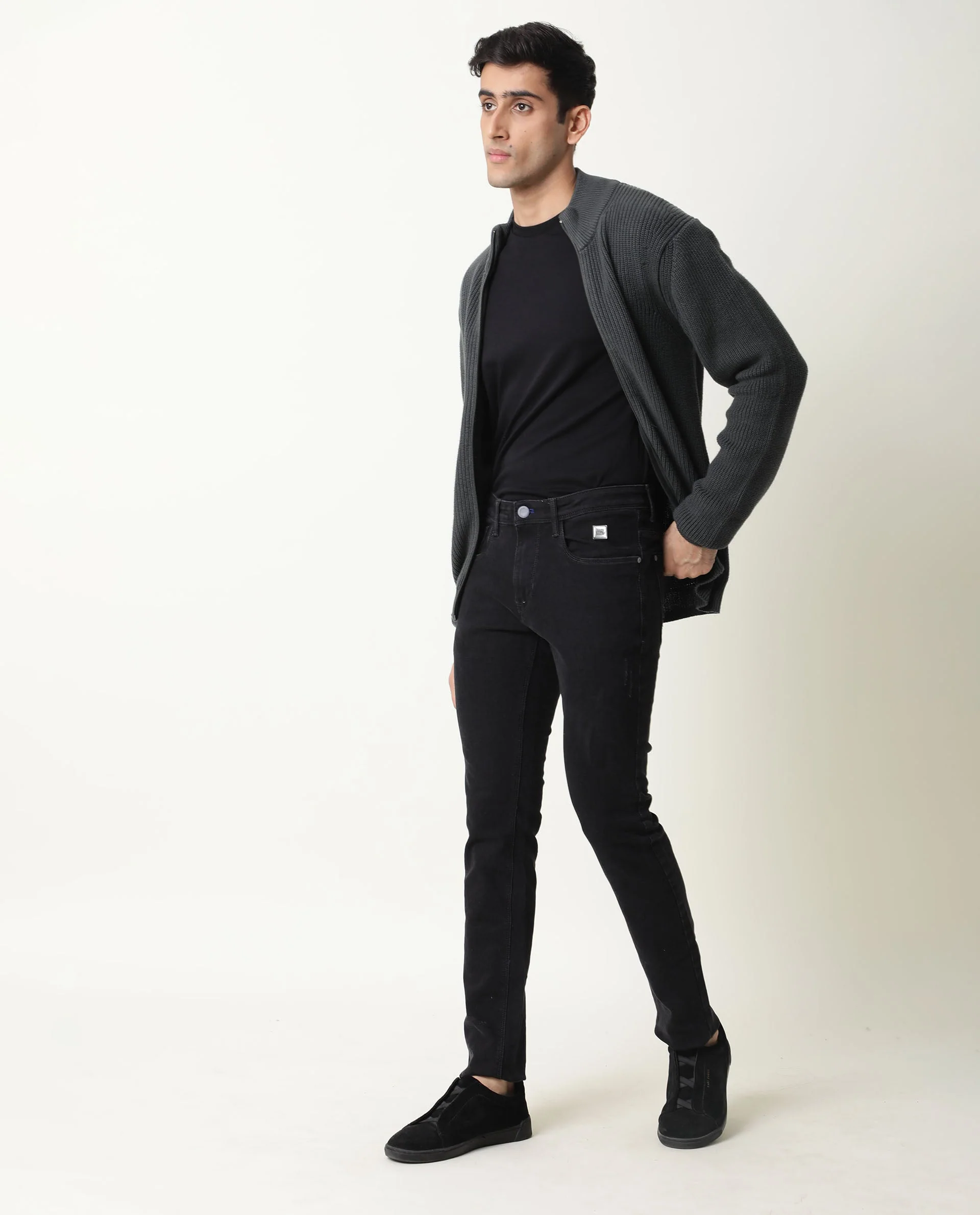 Rare Rabbit Men's Track Green Cotton Textured Relaxed Fit Full Sleeve Mandarin Collar Sweater - Image 3