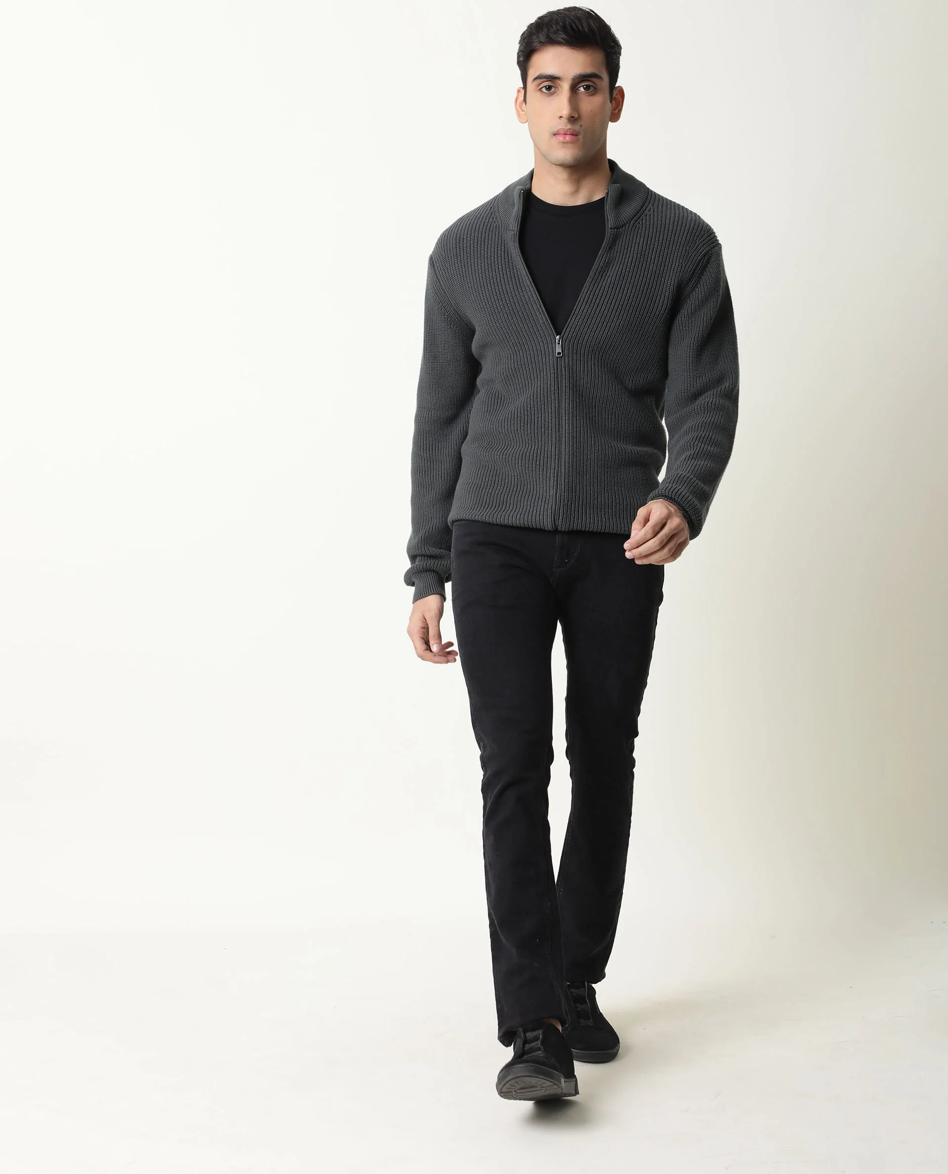 Rare Rabbit Men's Track Green Cotton Textured Relaxed Fit Full Sleeve Mandarin Collar Sweater - Image 4