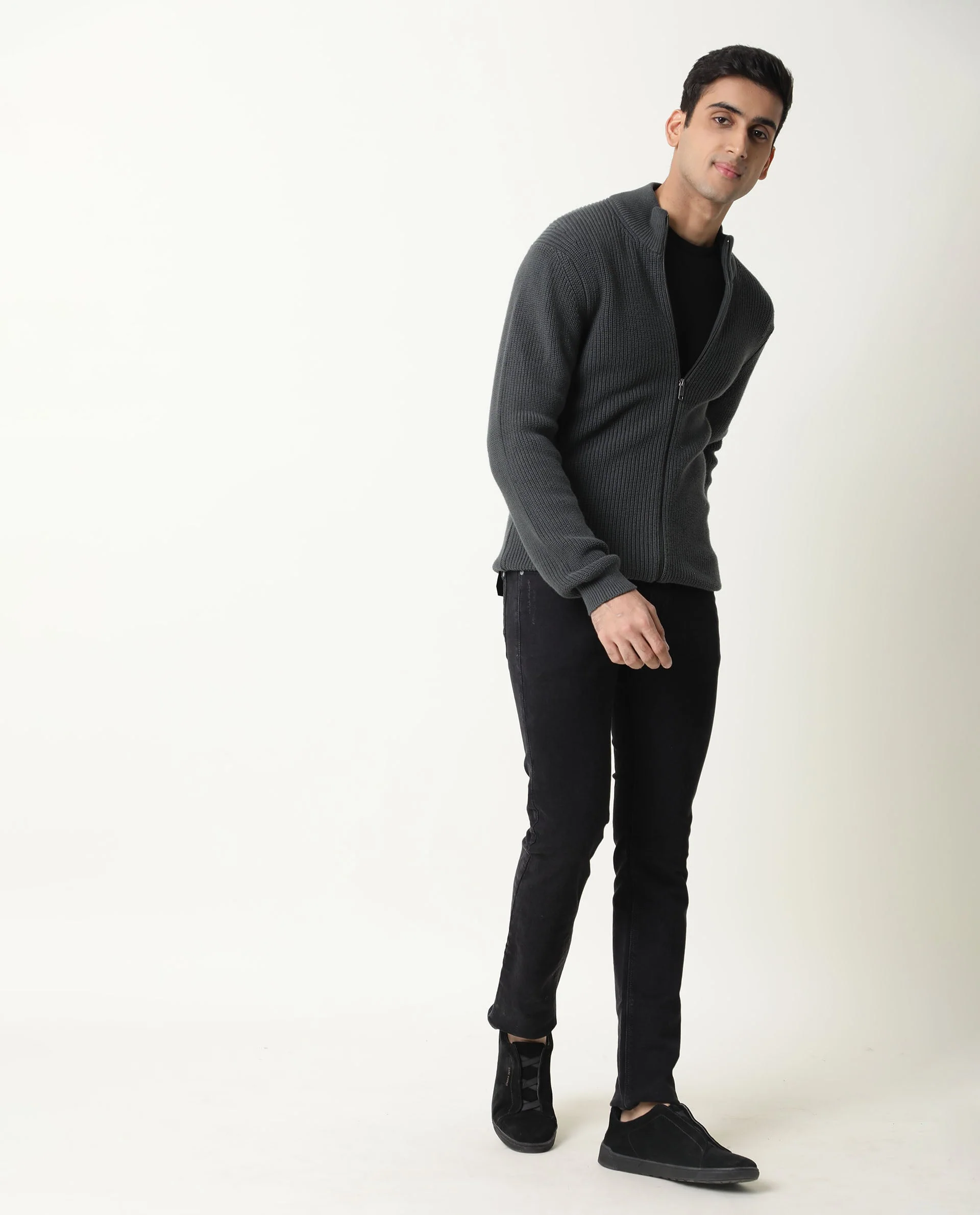 Rare Rabbit Men's Track Green Cotton Textured Relaxed Fit Full Sleeve Mandarin Collar Sweater - Image 5