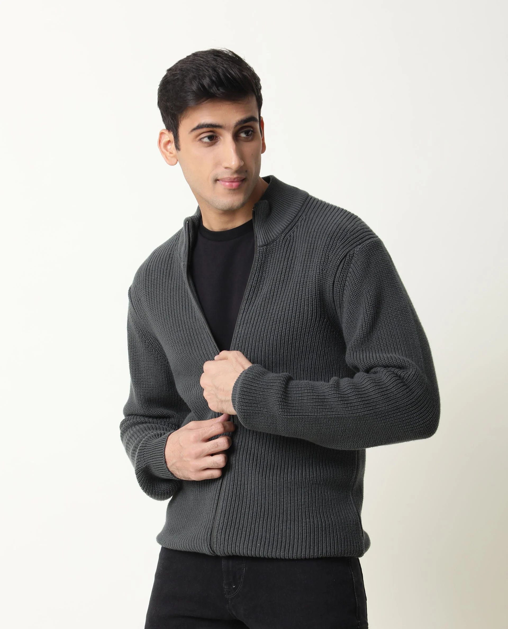Rare Rabbit Men's Track Green Cotton Textured Relaxed Fit Full Sleeve Mandarin Collar Sweater - Image 6