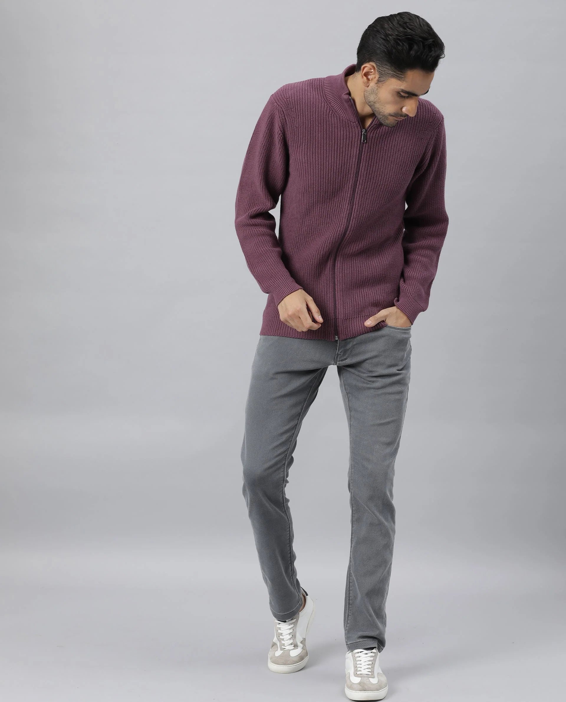 Rare Rabbit Men's Track Purple Cotton Striped Print Regular Fit Full Sleeve High Neck Sweater - Image 2