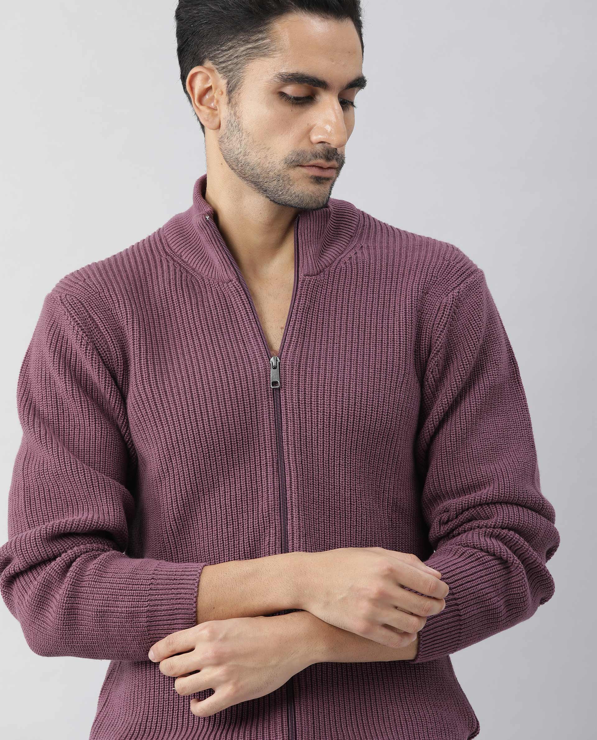 Rare Rabbit Men's Track Purple Cotton Striped Print Regular Fit Full Sleeve High Neck Sweater - Image 3