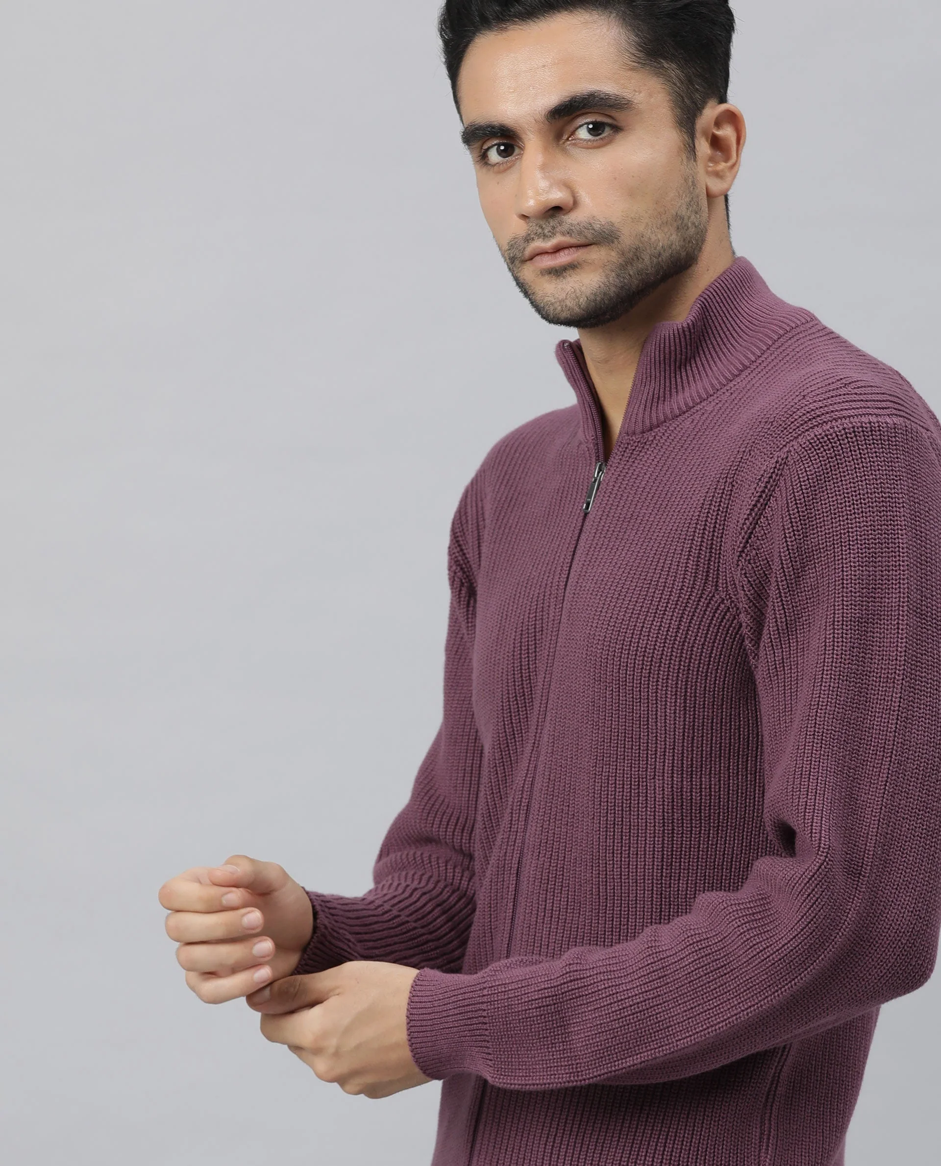 Rare Rabbit Men's Track Purple Cotton Striped Print Regular Fit Full Sleeve High Neck Sweater - Image 4