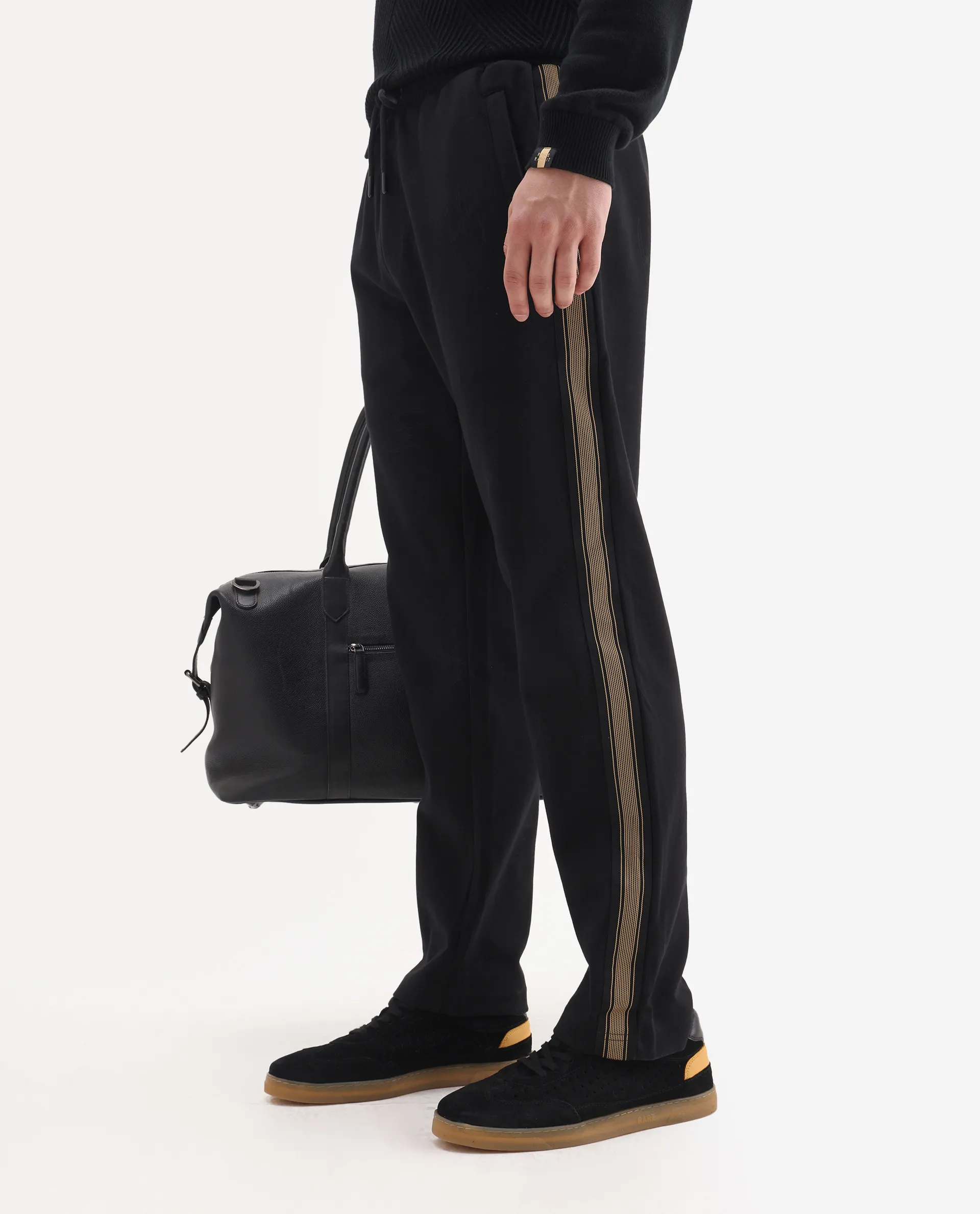 Rare Rabbit Men's Tracksign Black Cotton Plain Regular Fit Trouser - Image 2