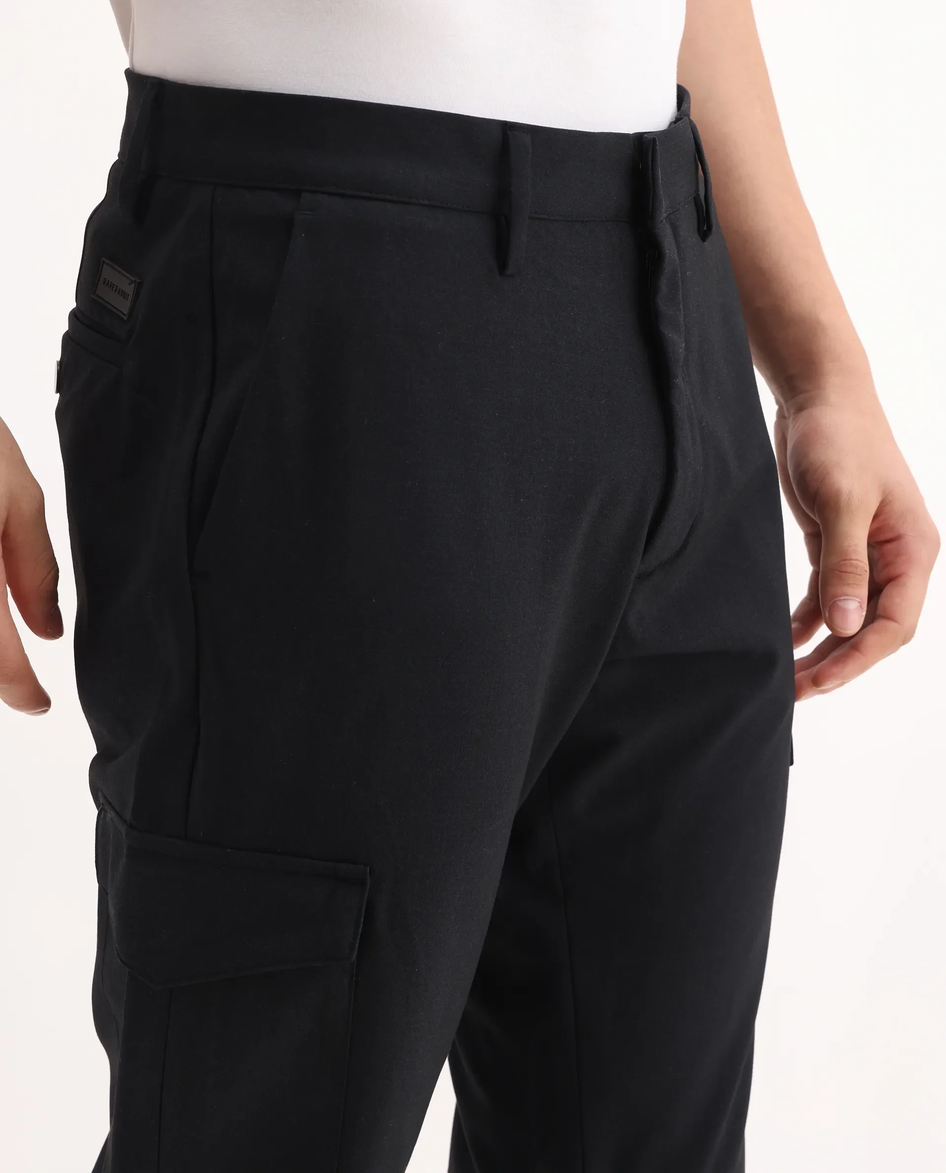 Rare Rabbit Men's Traco Black Cotton Plain Regular Fit Trouser - Image 3