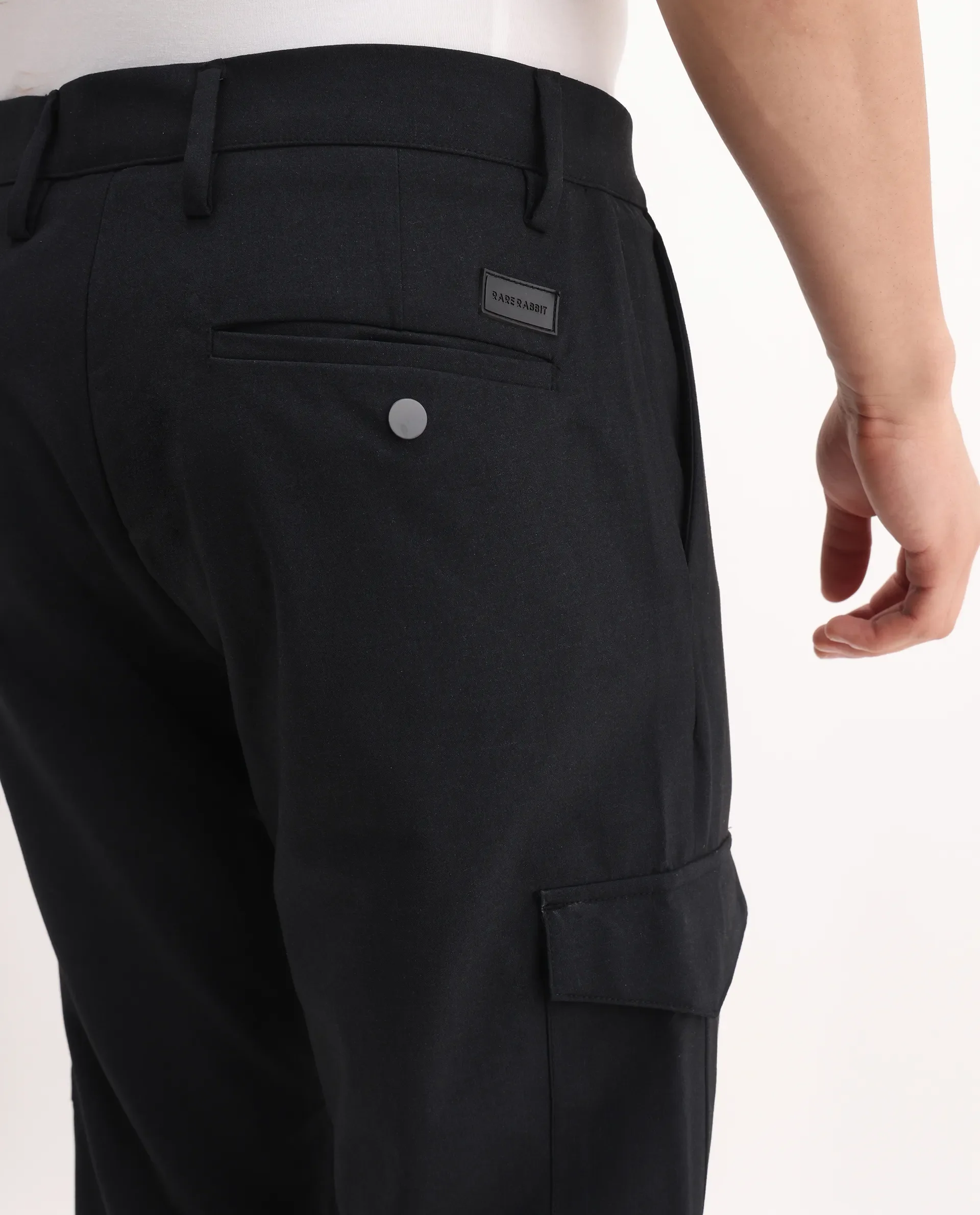 Rare Rabbit Men's Traco Black Cotton Plain Regular Fit Trouser - Image 7