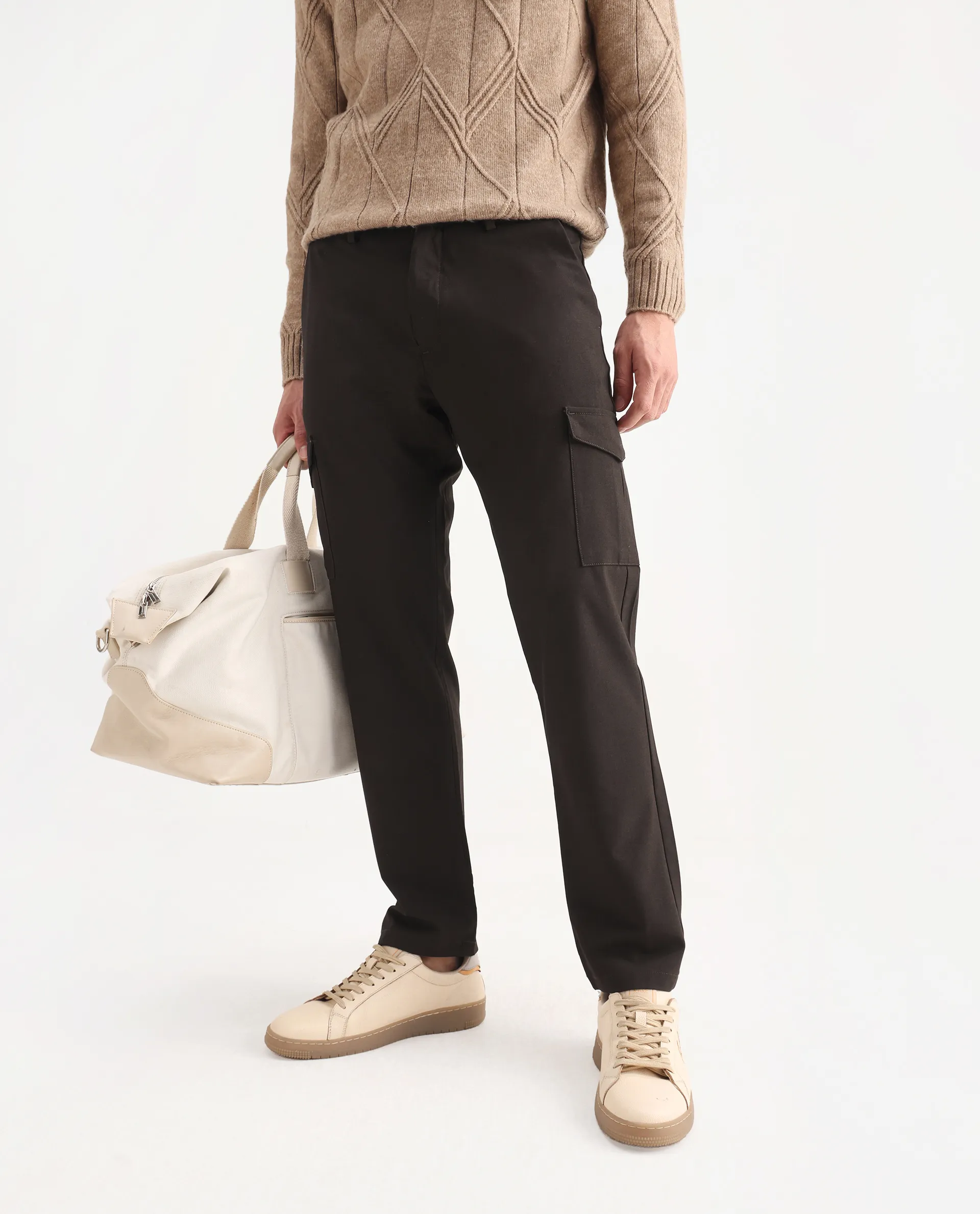 Rare Rabbit Men's Traco Dark Brown Cotton Plain Regular Fit Trouser - Image 2