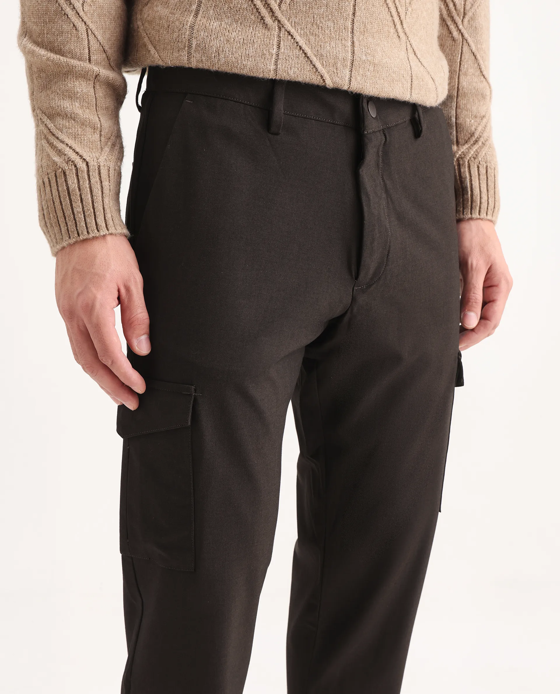 Rare Rabbit Men's Traco Dark Brown Cotton Plain Regular Fit Trouser - Image 3
