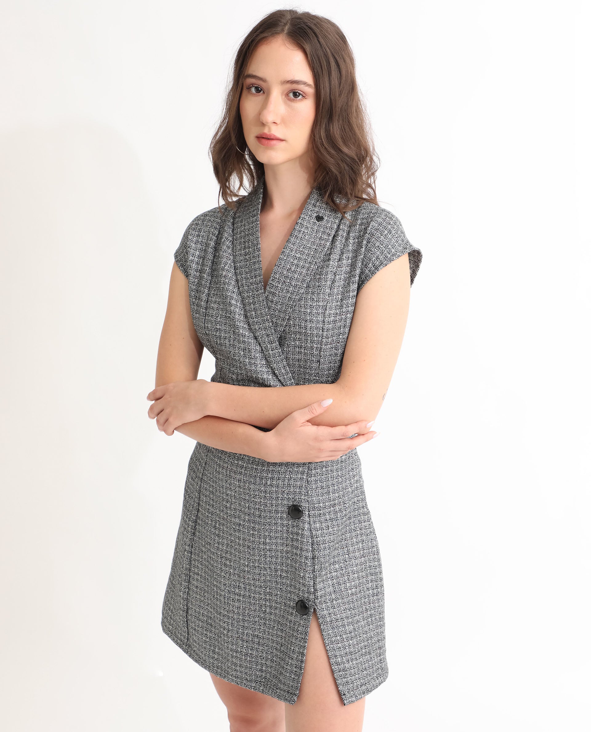 Rareism Women's Trafaluc Black Polyester Lapel Neck Checked Extended Sleeves Mini Regular Fit Dress