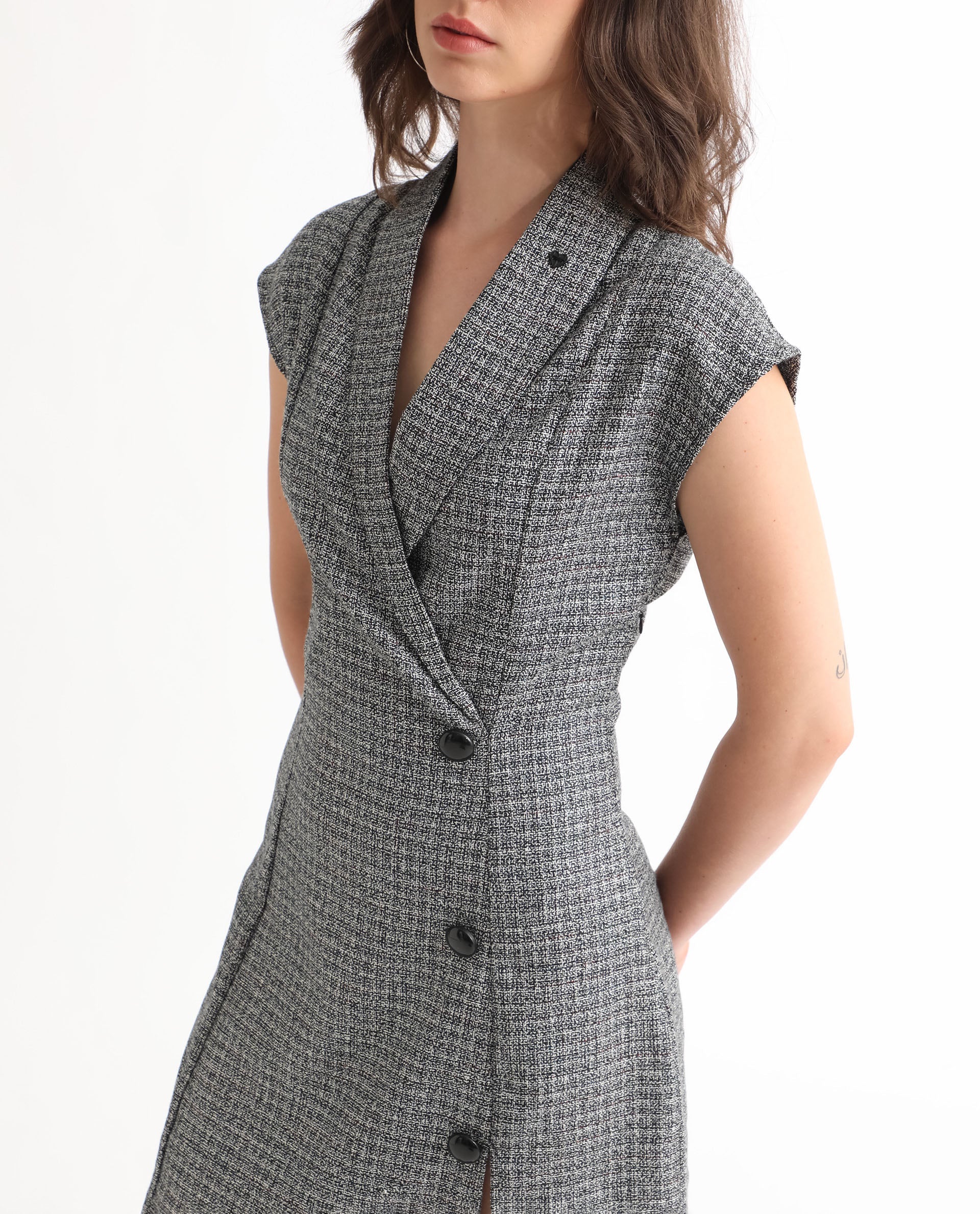 Rareism Women's Trafaluc Black Polyester Lapel Neck Checked Extended Sleeves Mini Regular Fit Dress - Image 3