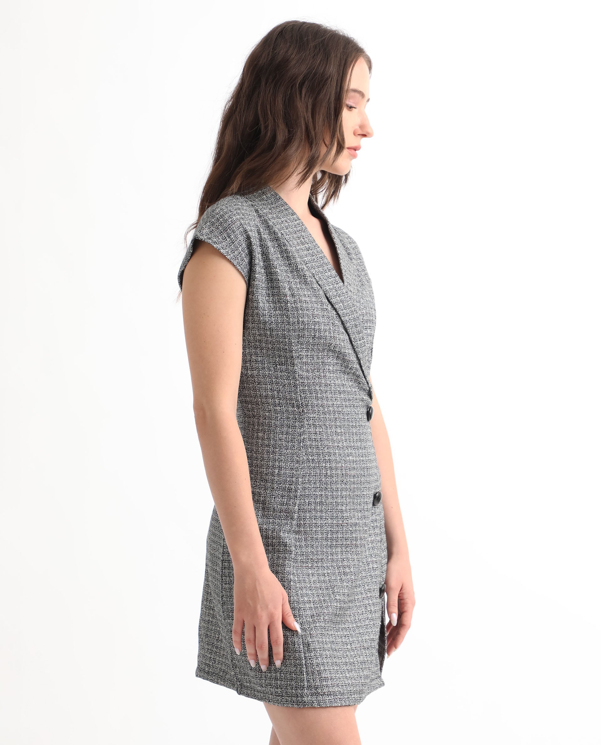 Rareism Women's Trafaluc Black Polyester Lapel Neck Checked Extended Sleeves Mini Regular Fit Dress - Image 5