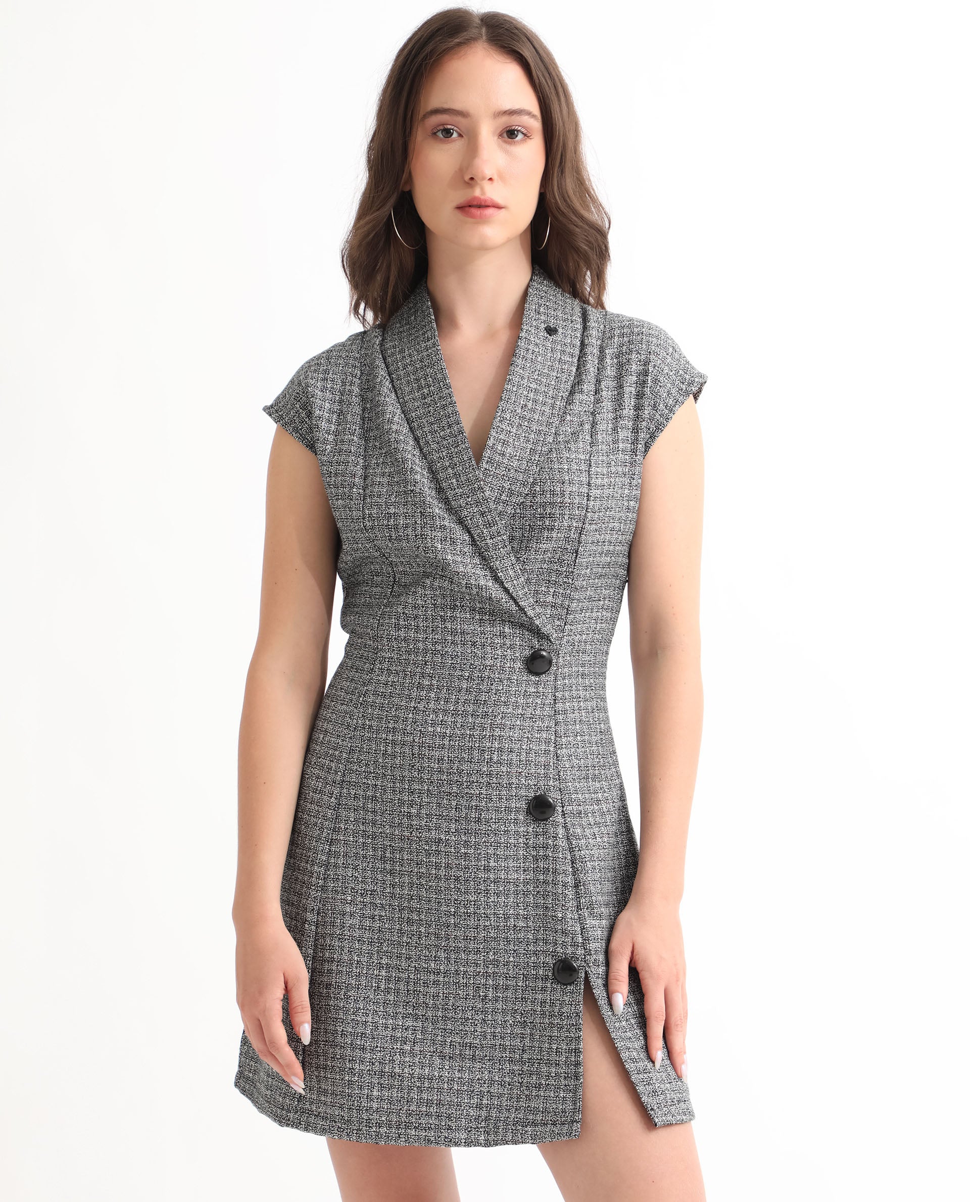 Rareism Women's Trafaluc Black Polyester Lapel Neck Checked Extended Sleeves Mini Regular Fit Dress - Image 7
