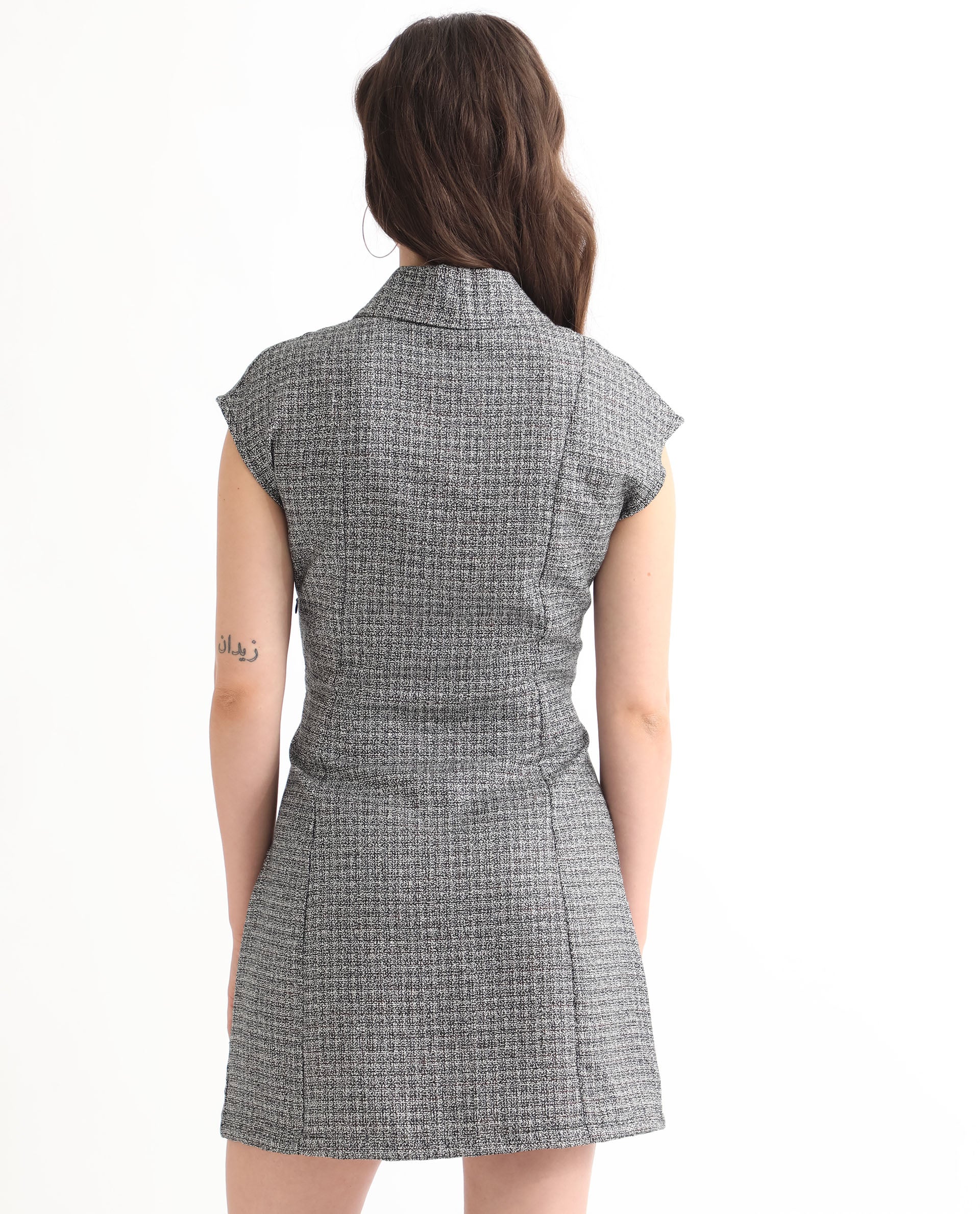 Rareism Women's Trafaluc Black Polyester Lapel Neck Checked Extended Sleeves Mini Regular Fit Dress - Image 9