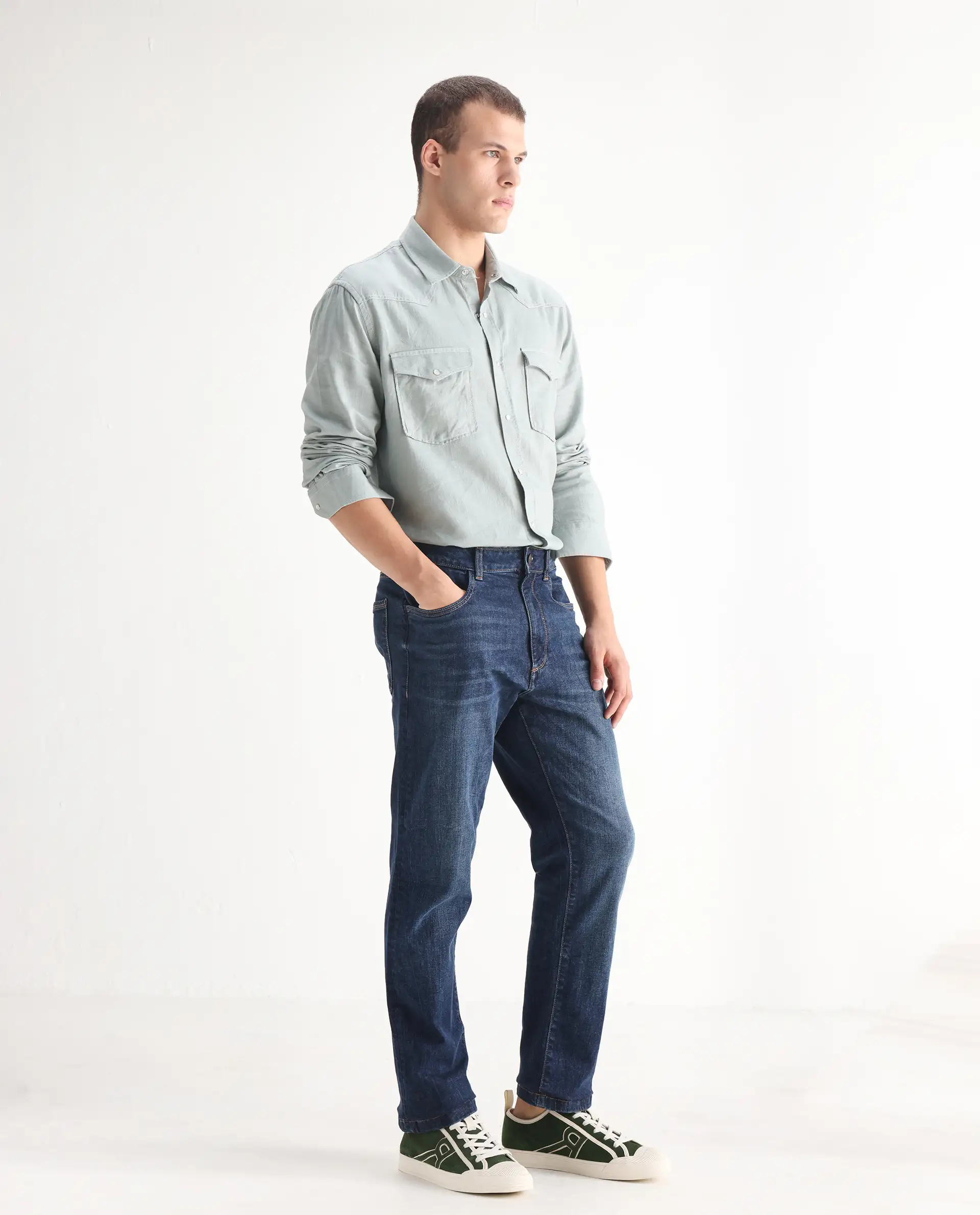 Rare Rabbit Men's Train Fluorescent Blue Cotton Blend Plain Morris Regular Fit Jeans - Image 5