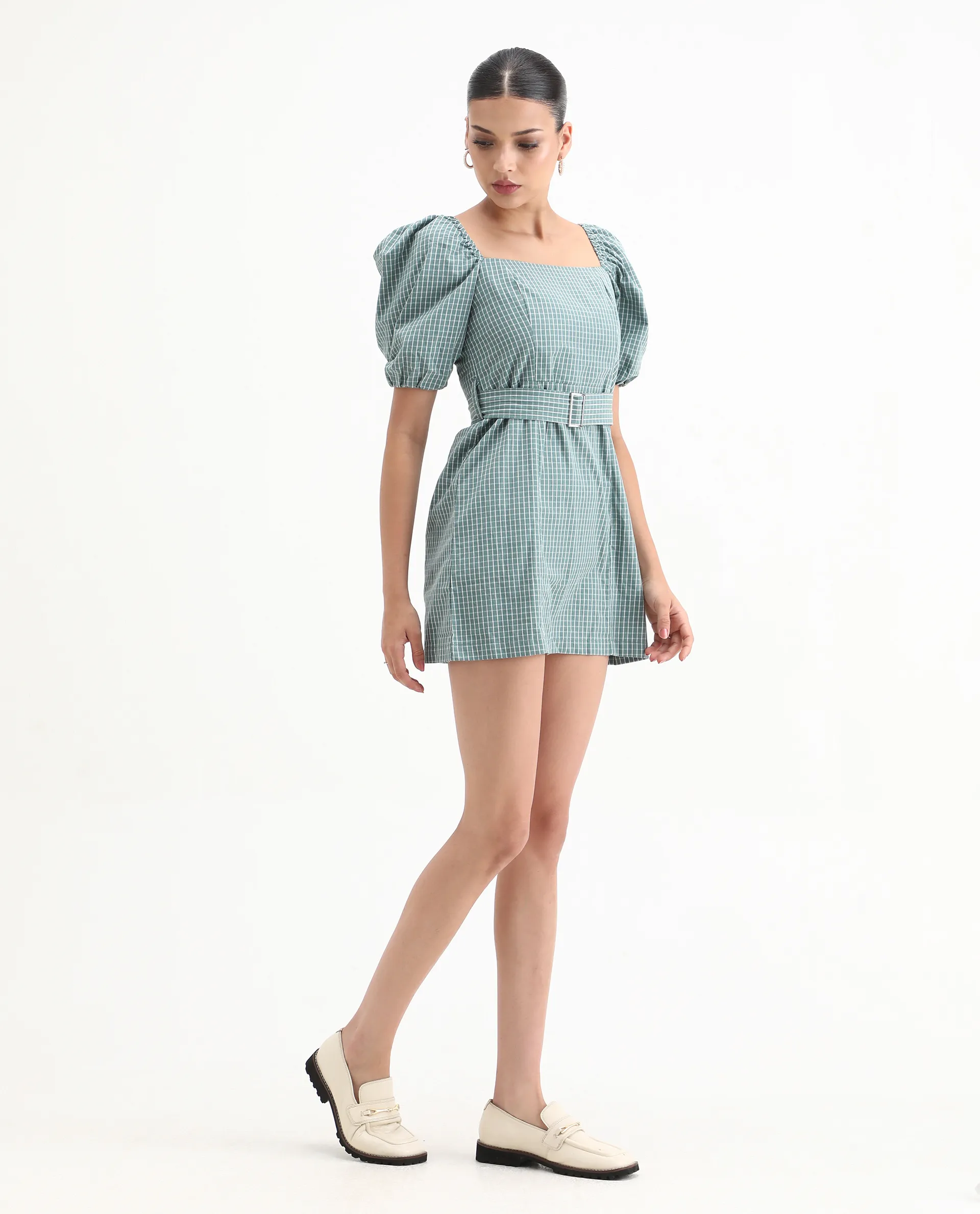 Rareism Women's Train Green Linen Square Neck Checked Puff Sleeves Mini Slim Fit Dress - Image 2