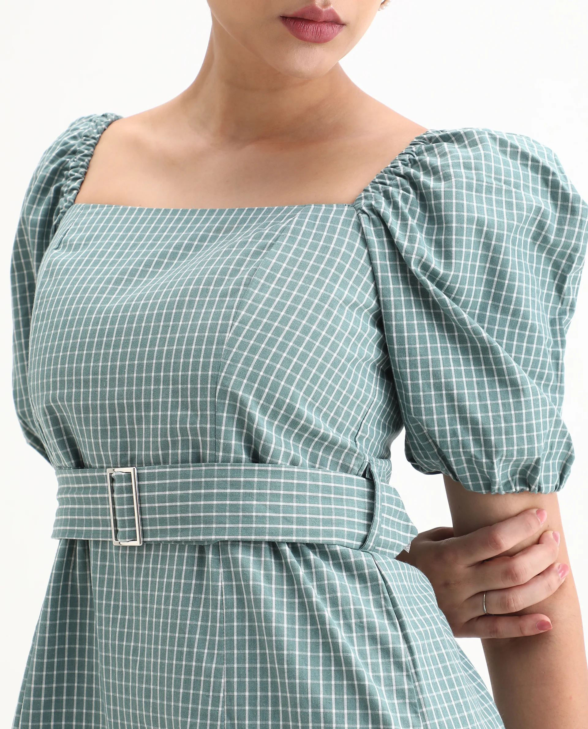 Rareism Women's Train Green Linen Square Neck Checked Puff Sleeves Mini Slim Fit Dress - Image 3