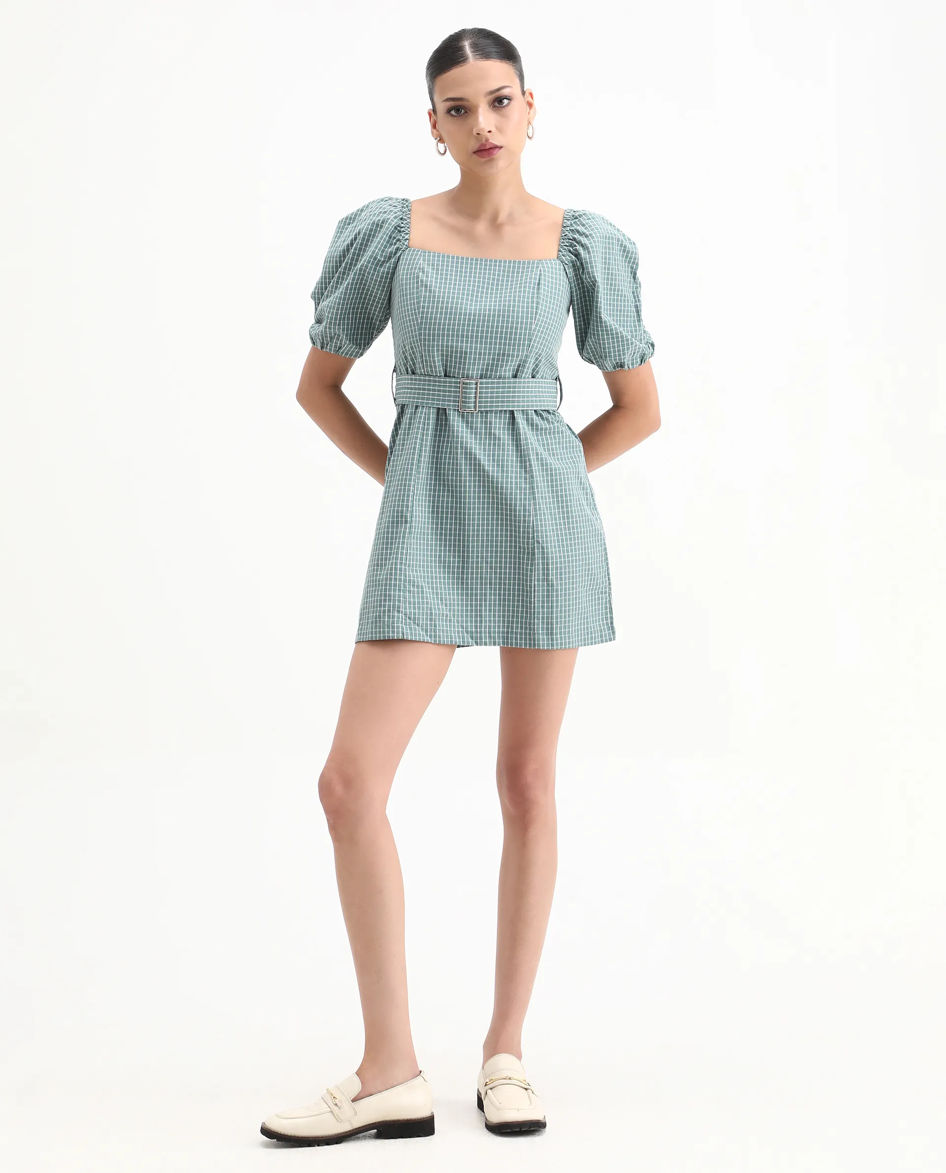 Rareism Women's Train Green Linen Square Neck Checked Puff Sleeves Mini Slim Fit Dress - Image 6