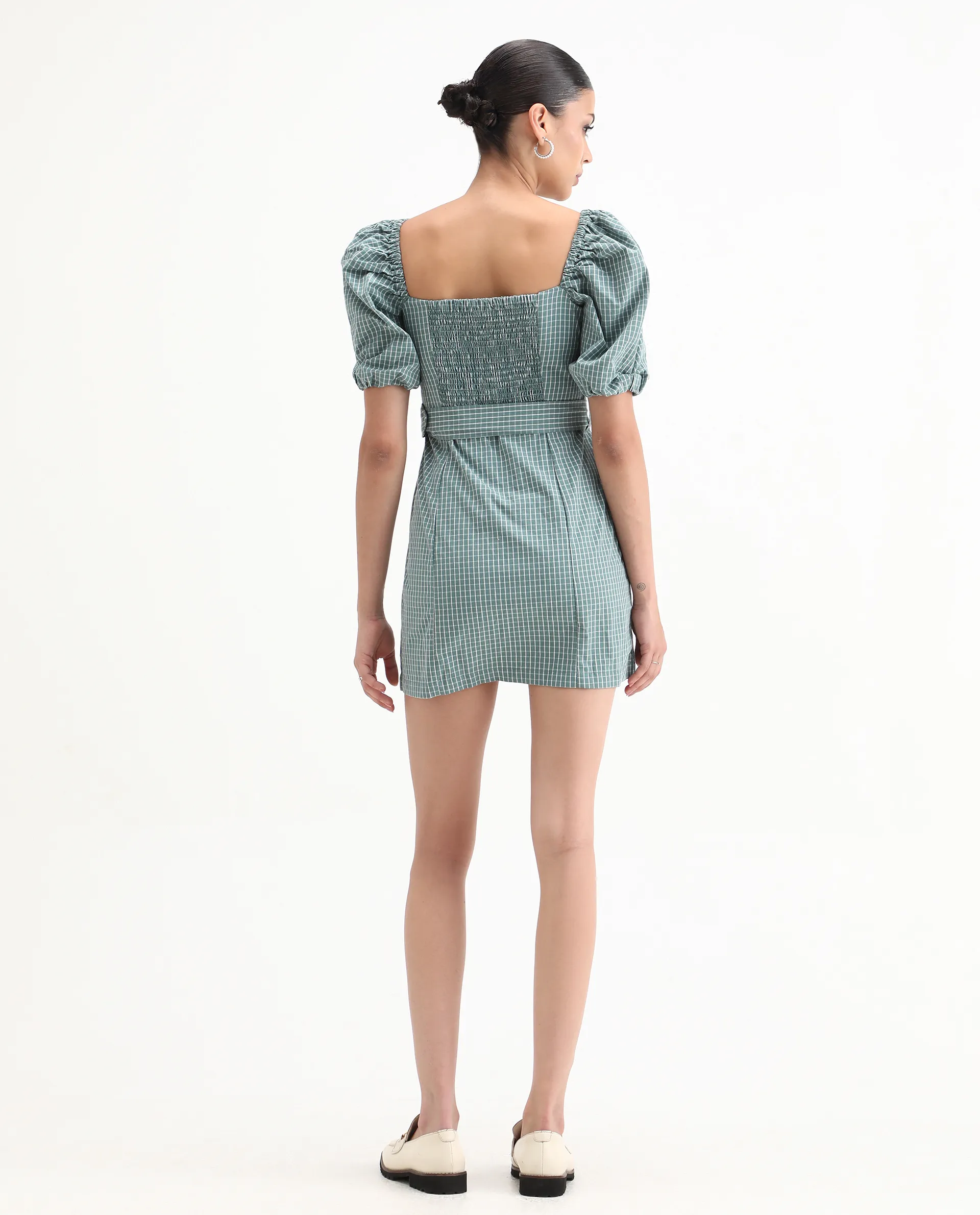 Rareism Women's Train Green Linen Square Neck Checked Puff Sleeves Mini Slim Fit Dress - Image 7
