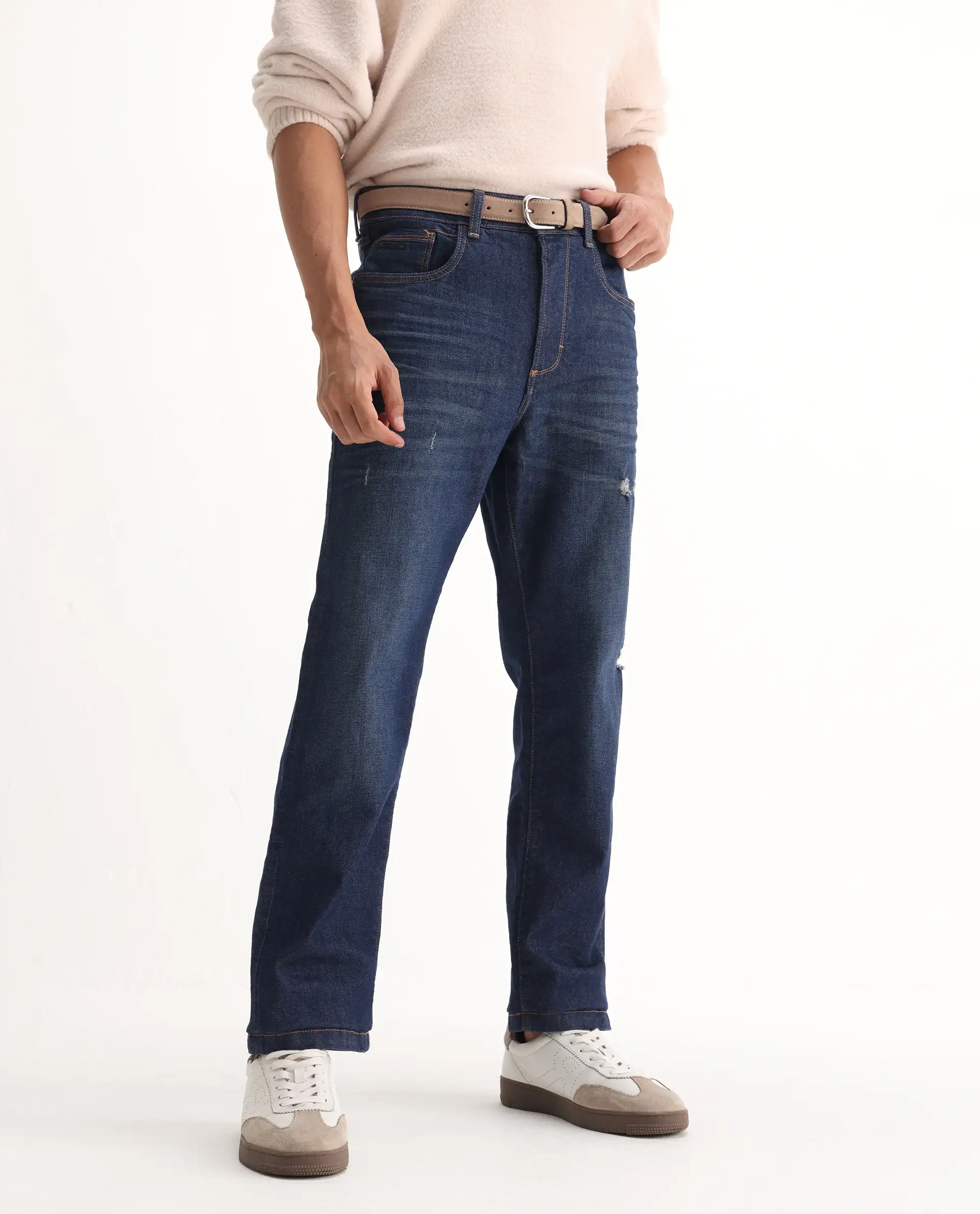 Rare Rabbit Men's Traingle Blue Cotton Blend Plain Morris Regular Fit Jeans - Image 2