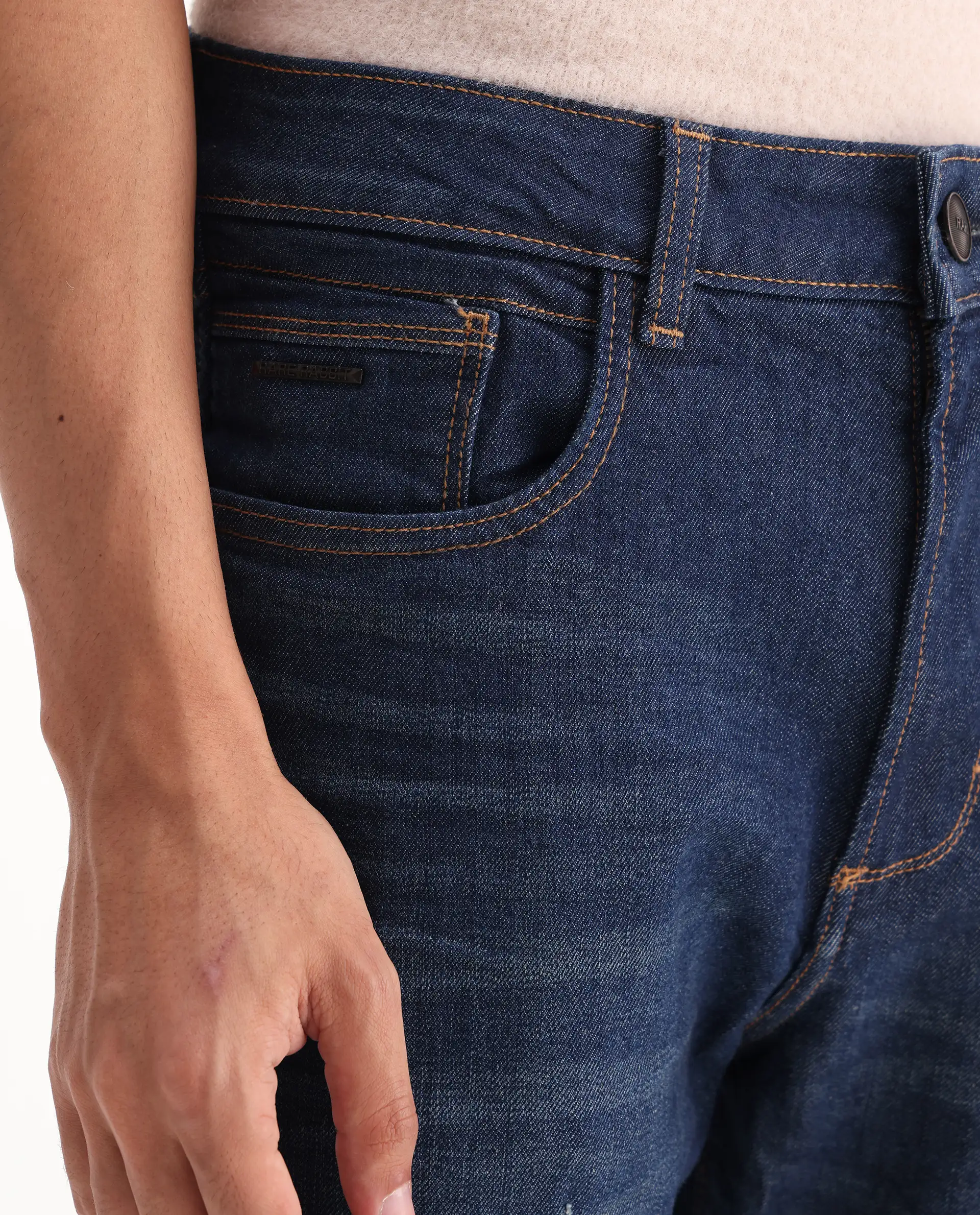 Rare Rabbit Men's Traingle Blue Cotton Blend Plain Morris Regular Fit Jeans - Image 4