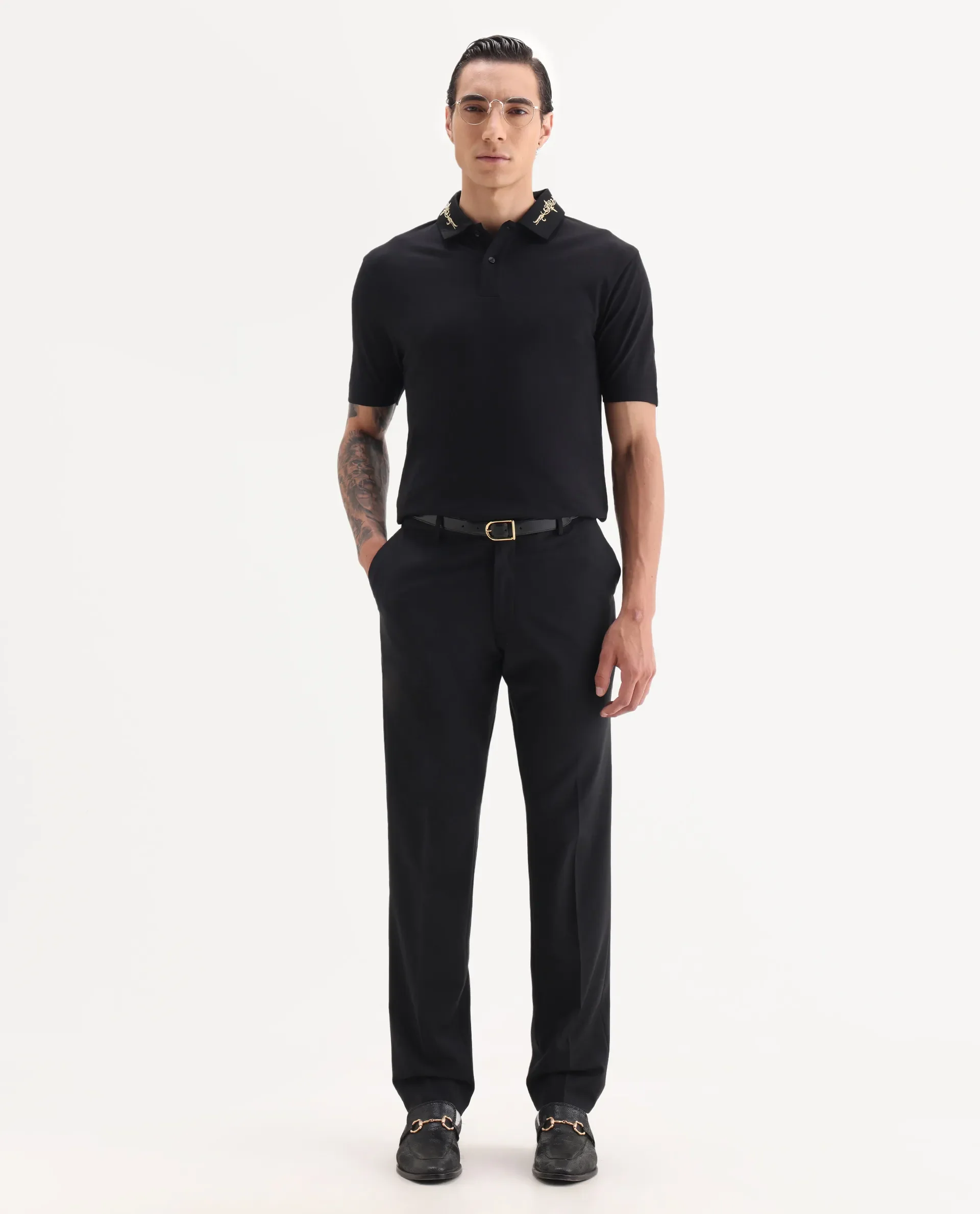 Rare Rabbit Men's Trak Black Cotton Blend Fabric Half Sleeve Spread Collar Embroidered Polo - Image 2