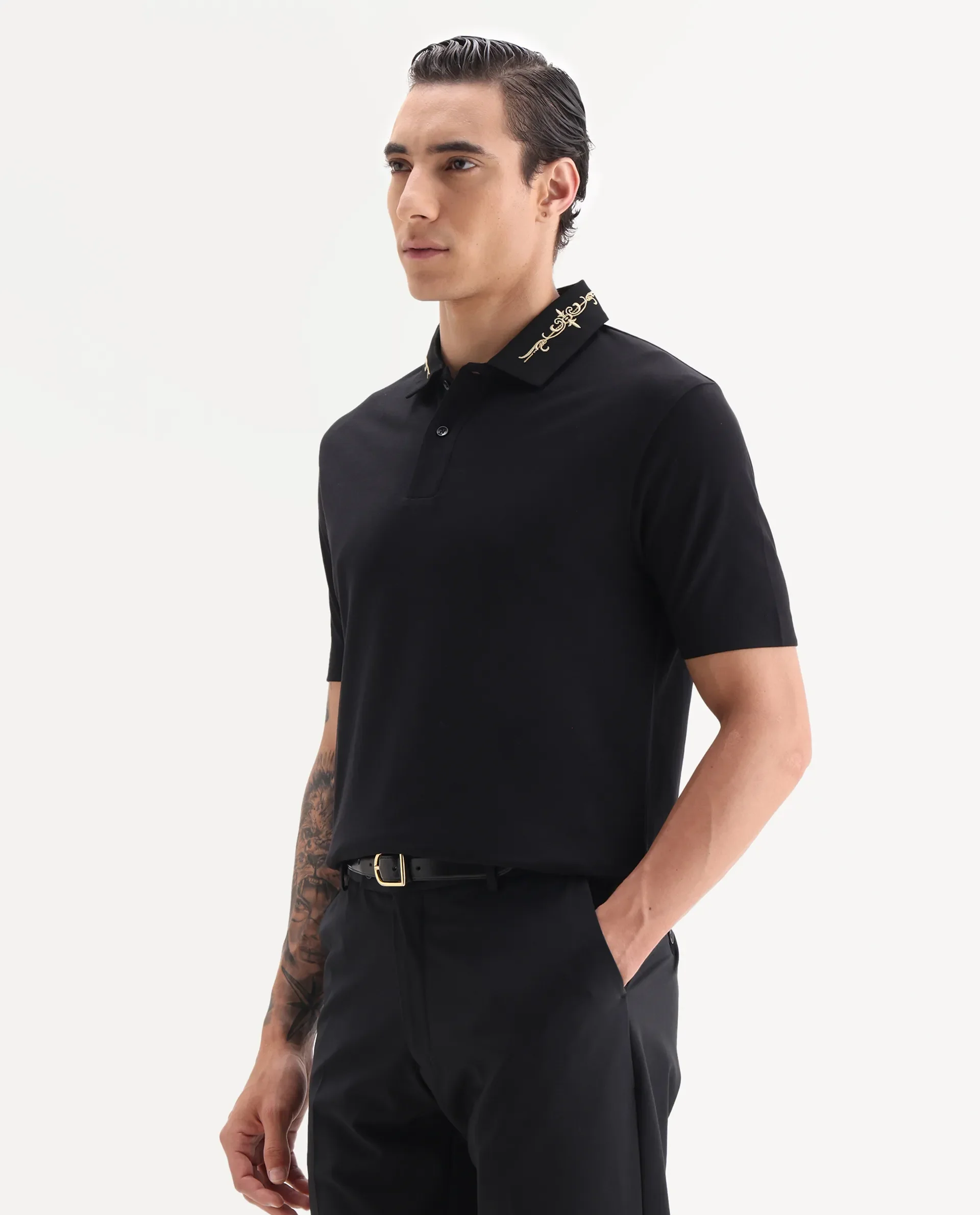 Rare Rabbit Men's Trak Black Cotton Blend Fabric Half Sleeve Spread Collar Embroidered Polo - Image 3
