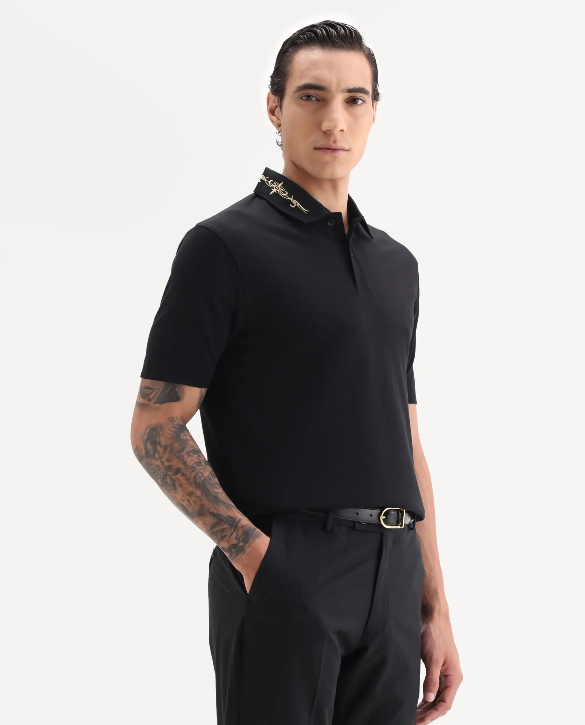 Rare Rabbit Men's Trak Black Cotton Blend Fabric Half Sleeve Spread Collar Embroidered Polo - Image 4