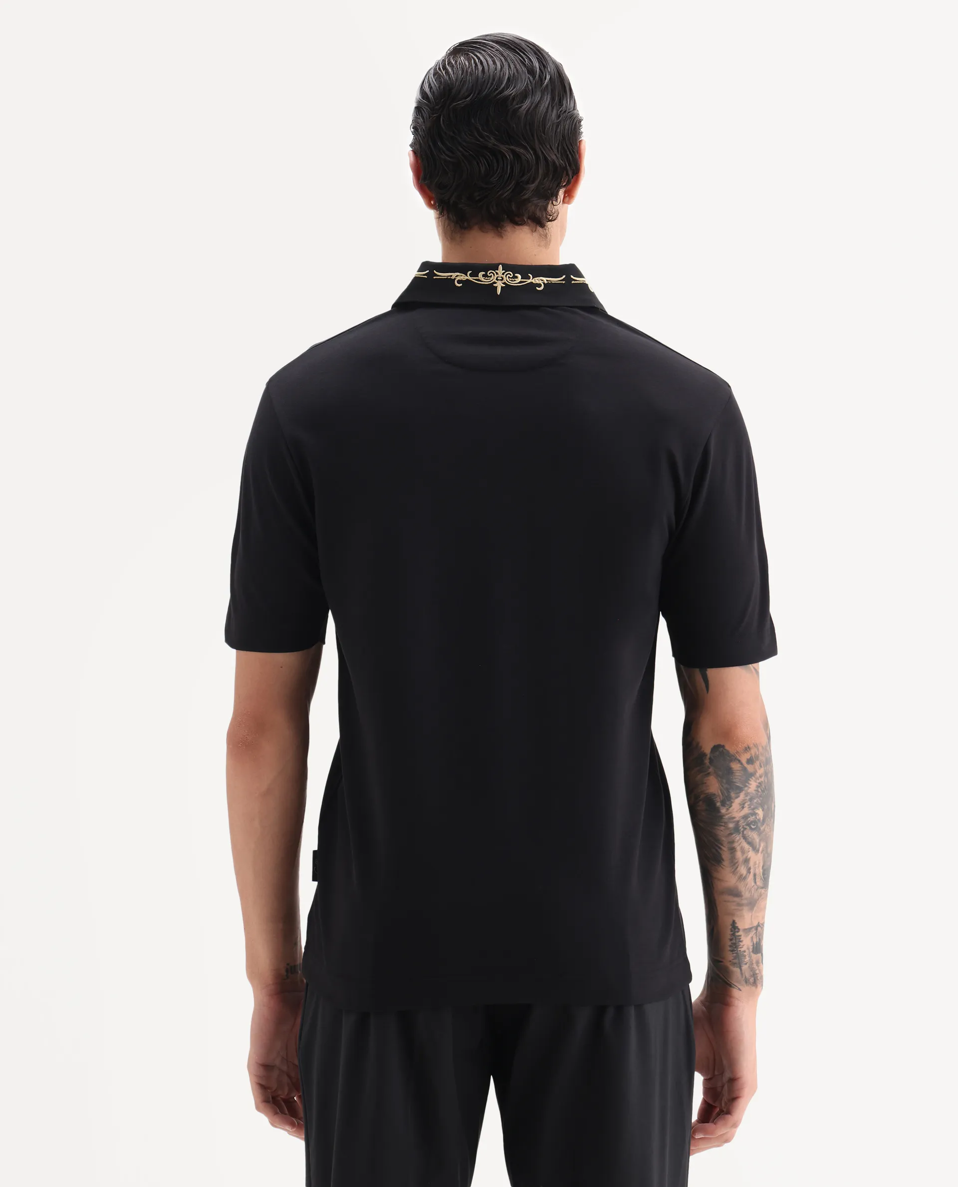Rare Rabbit Men's Trak Black Cotton Blend Fabric Half Sleeve Spread Collar Embroidered Polo - Image 5