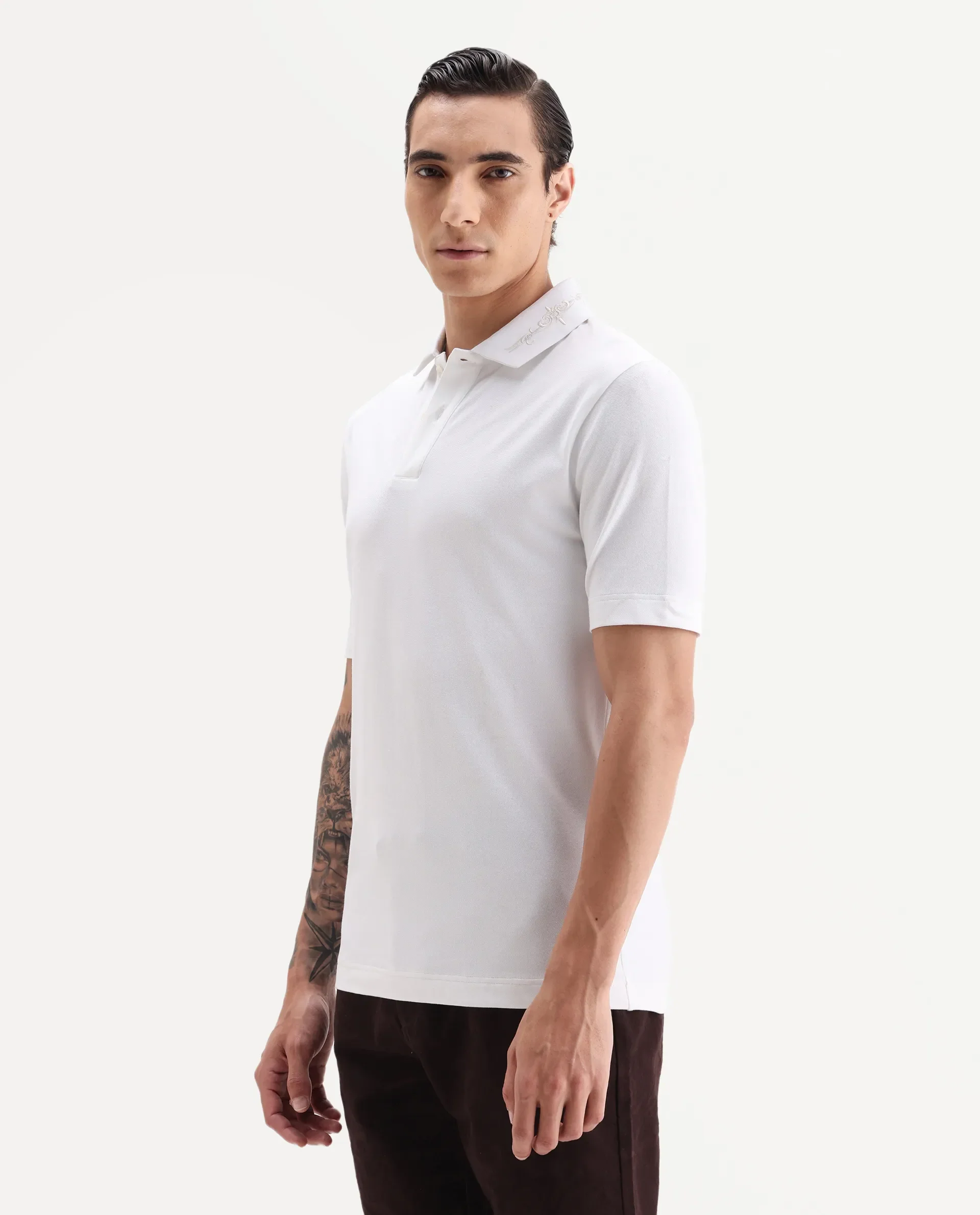 Rare Rabbit Men's Trak White Cotton Blend Fabric Half Sleeve Spread Collar Embroidered Polo - Image 4