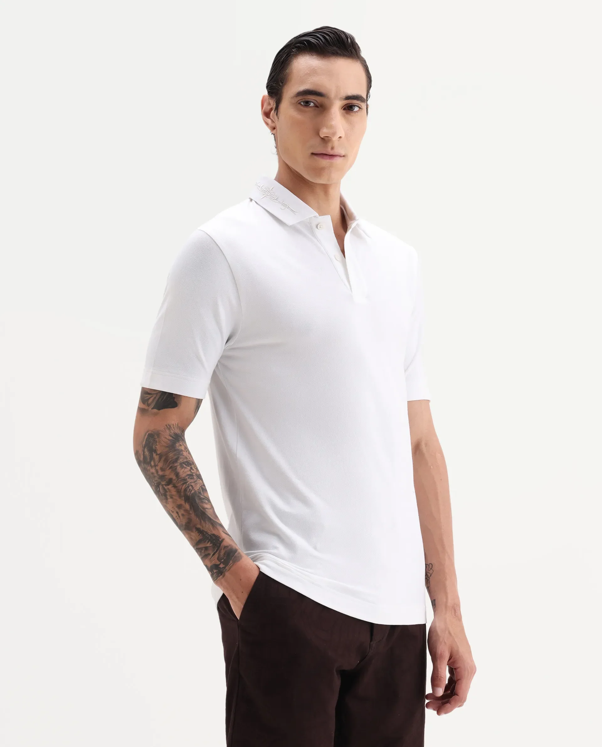 Rare Rabbit Men's Trak White Cotton Blend Fabric Half Sleeve Spread Collar Embroidered Polo - Image 5