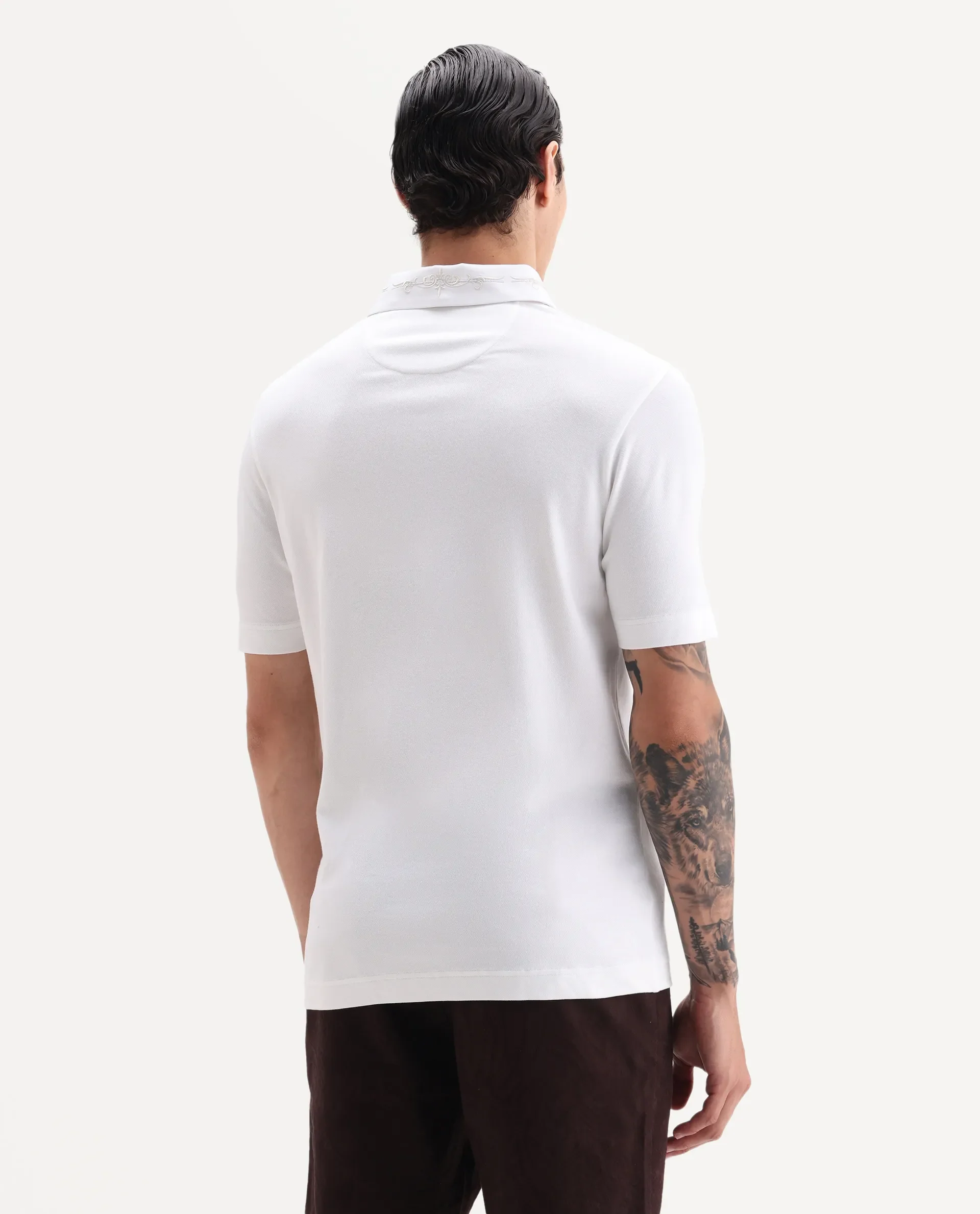 Rare Rabbit Men's Trak White Cotton Blend Fabric Half Sleeve Spread Collar Embroidered Polo - Image 6
