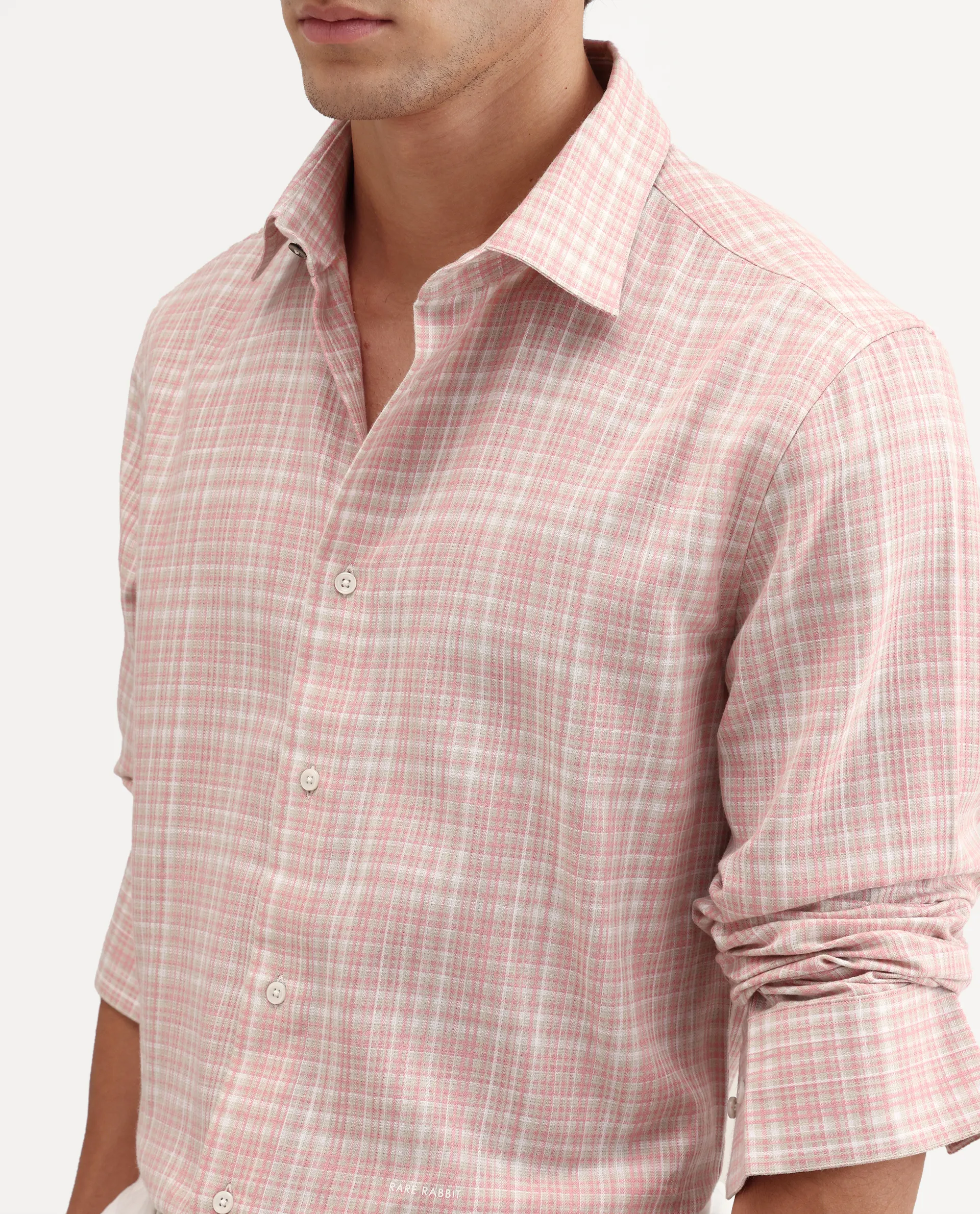 Rare Rabbit Men's Trale Light Pink Cotton Fabric Full Sleeve Regular Fit Checked Shirt - Image 3